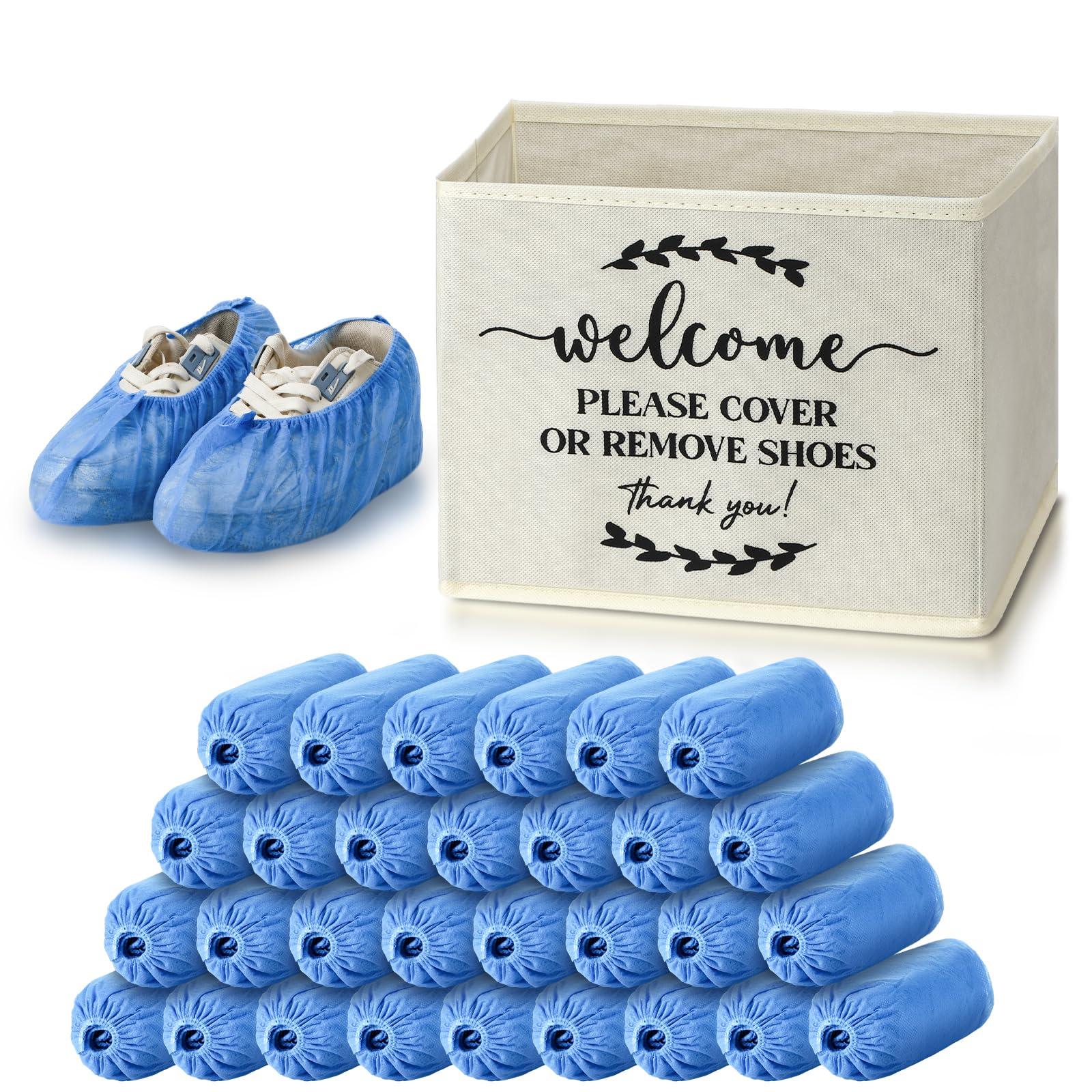Suzile 200 Pack Disposable Shoe Covers with Dispenser Box Waterproof Disposable Non Slip Shoe Booties Foot Covers with Storage Box for Guests Indoor Open House Supplies(Beige)
