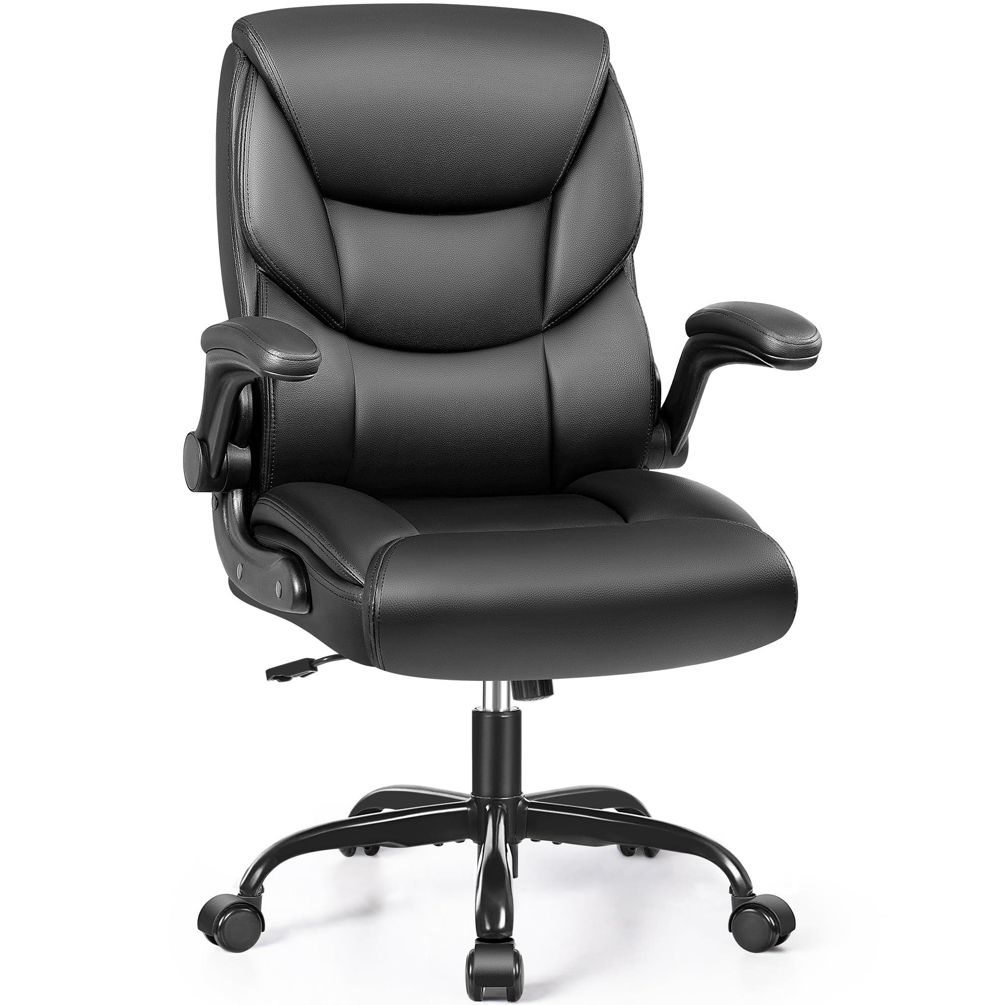 FelixKing Leather Office Chair - Small PU Ergonomic Desk Chair, Comfy Computer Chair with Wheels and Flip-up Armrests, Adjustable Height Mid Back Executive Office Chair for Short People-Black