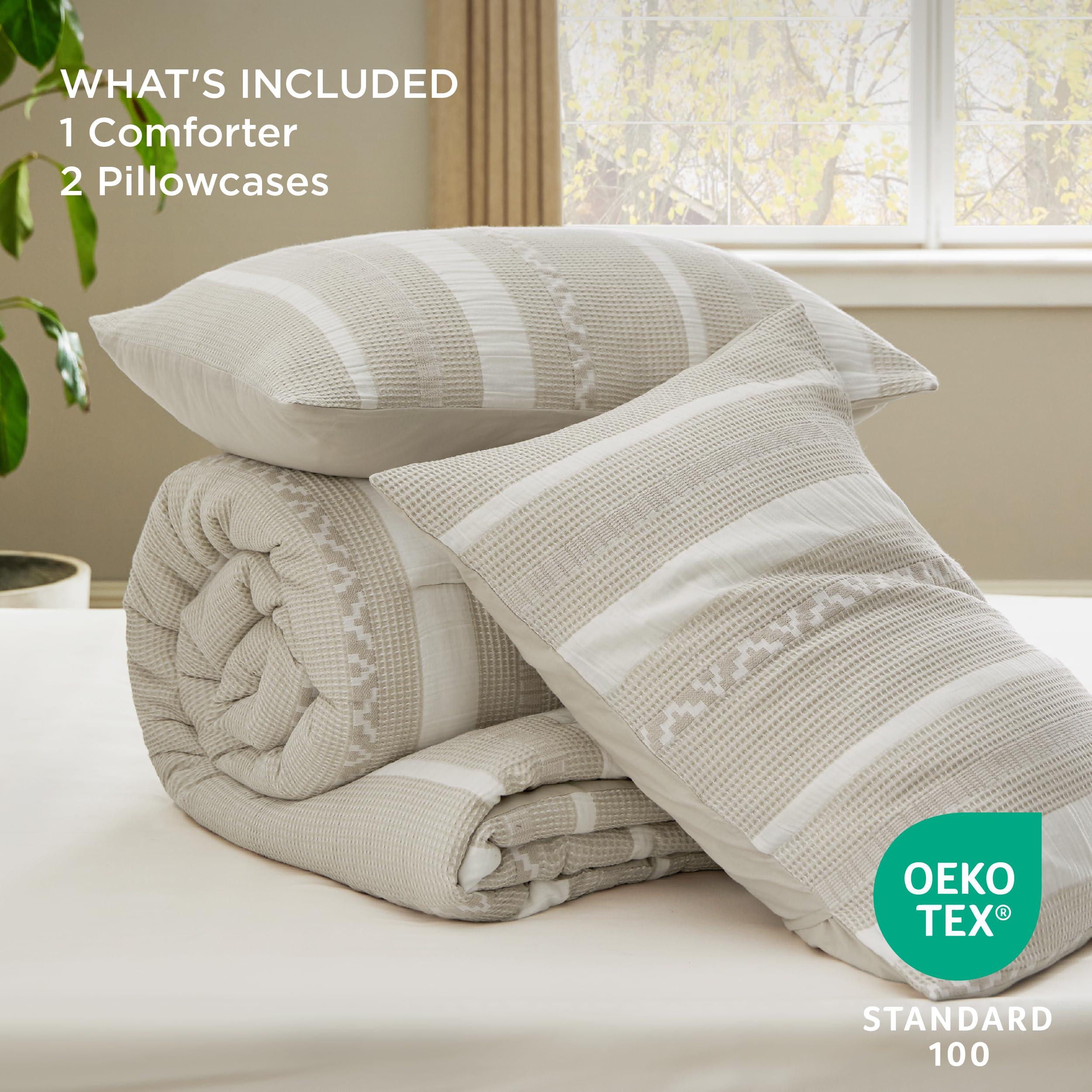 Bedsure Waffle Queen Comforter Set - Linen Soft Cotton Bedding Set for All Seasons, Stripe Fluffy Bed Set 3 Pieces with 1 Waffle Weave Comforter Queen Size and 2 Pillow Shams - Image 7