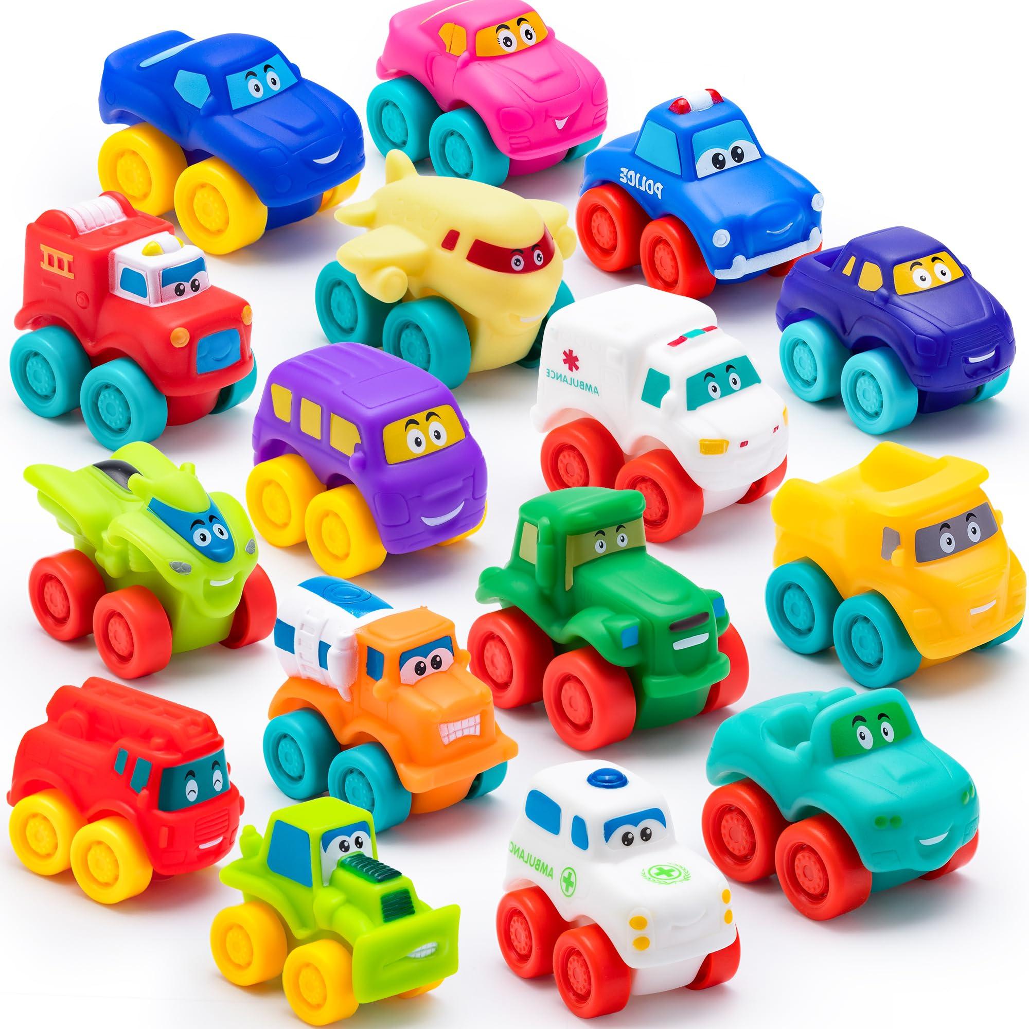 JOYIN Cartoon Cars, Soft Rubber Toy Car Set, Mini Vehicles, Bath Toy Car for Toddlers, Gift for Boys and Girls Easter Basket Stuffers, Summer Beach and Pool Activity, Party Favors for Kids - Image 1