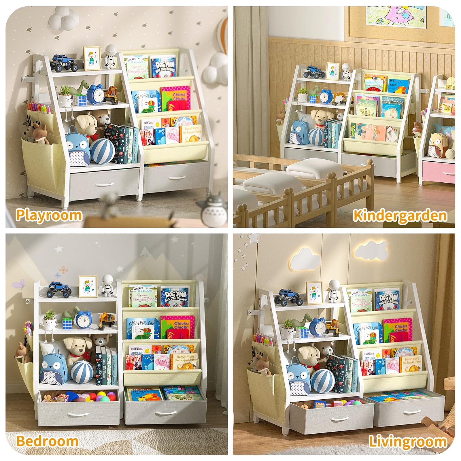 Twinkoo Kids Bookshelf and Toy Organizer, Sturdy 3 Tier Kids Bookcase, Sling Bookshelf and 2 Toy Bins, Toddler Montessori Book Shelf with Toy Storage Organizer for Children Room, Playroom, Nursery - Image 7