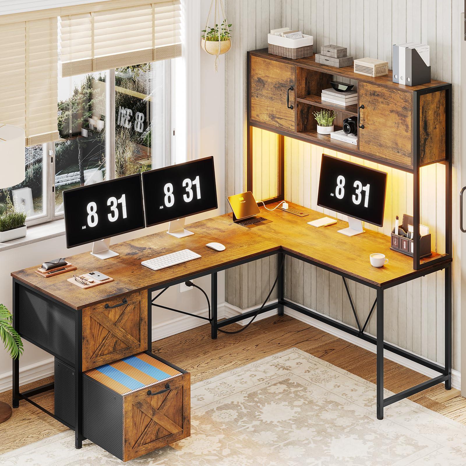 SEDETA L Shaped Desk with Drawers, 62.2" Home Office Desk with Fabric File Drawers and Power Outlet, L Shaped Desk with Hutch, Storage Shelves, LED Lights, Rustic Brown - Image 8