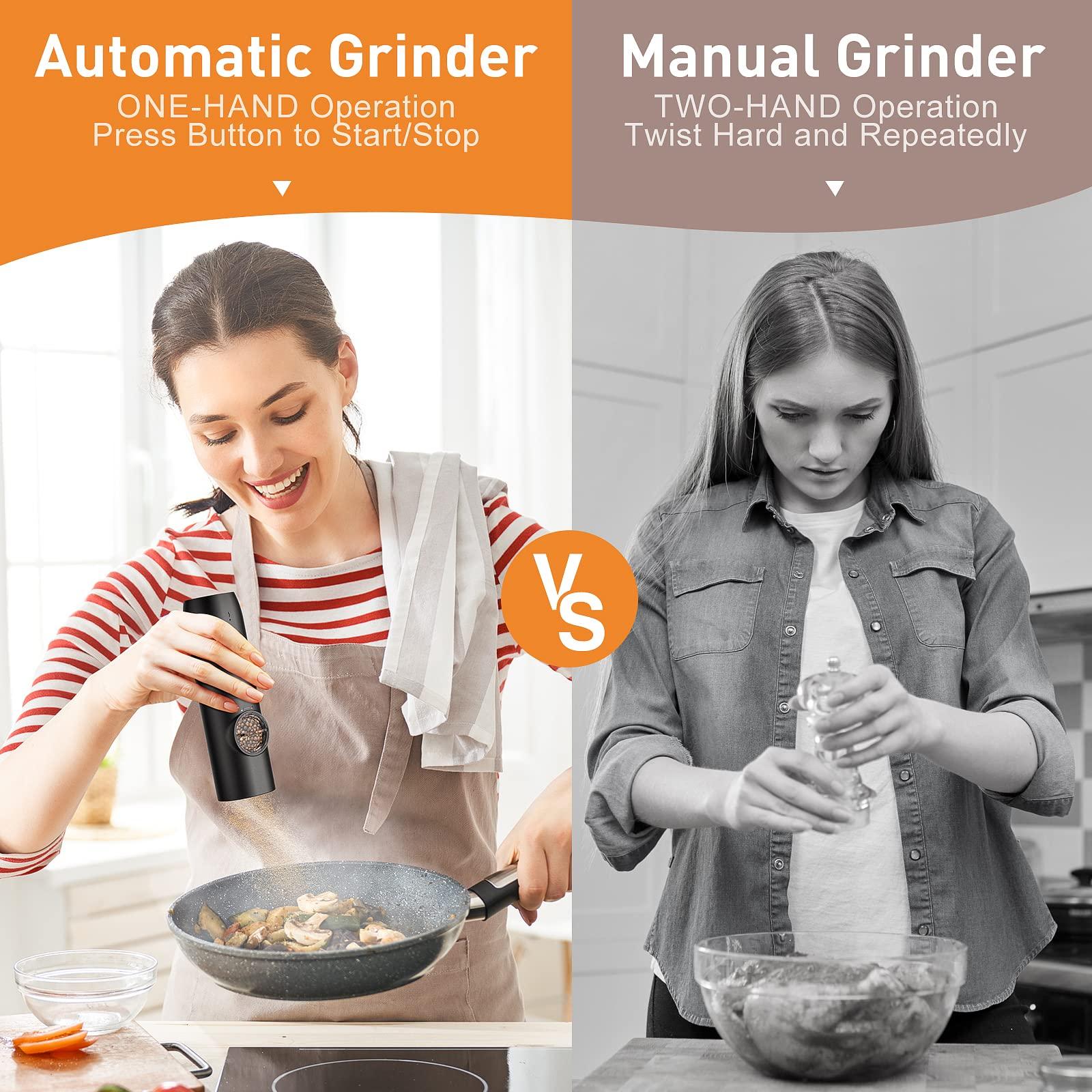 Electric Salt and Pepper Grinder Set, Rechargeable Automatic Pepper Mill Grinder with LED Light, Adjustable Coarseness shakers, One-Hand Operation for Kitchen(2 Pack,Black+White) - Image 4
