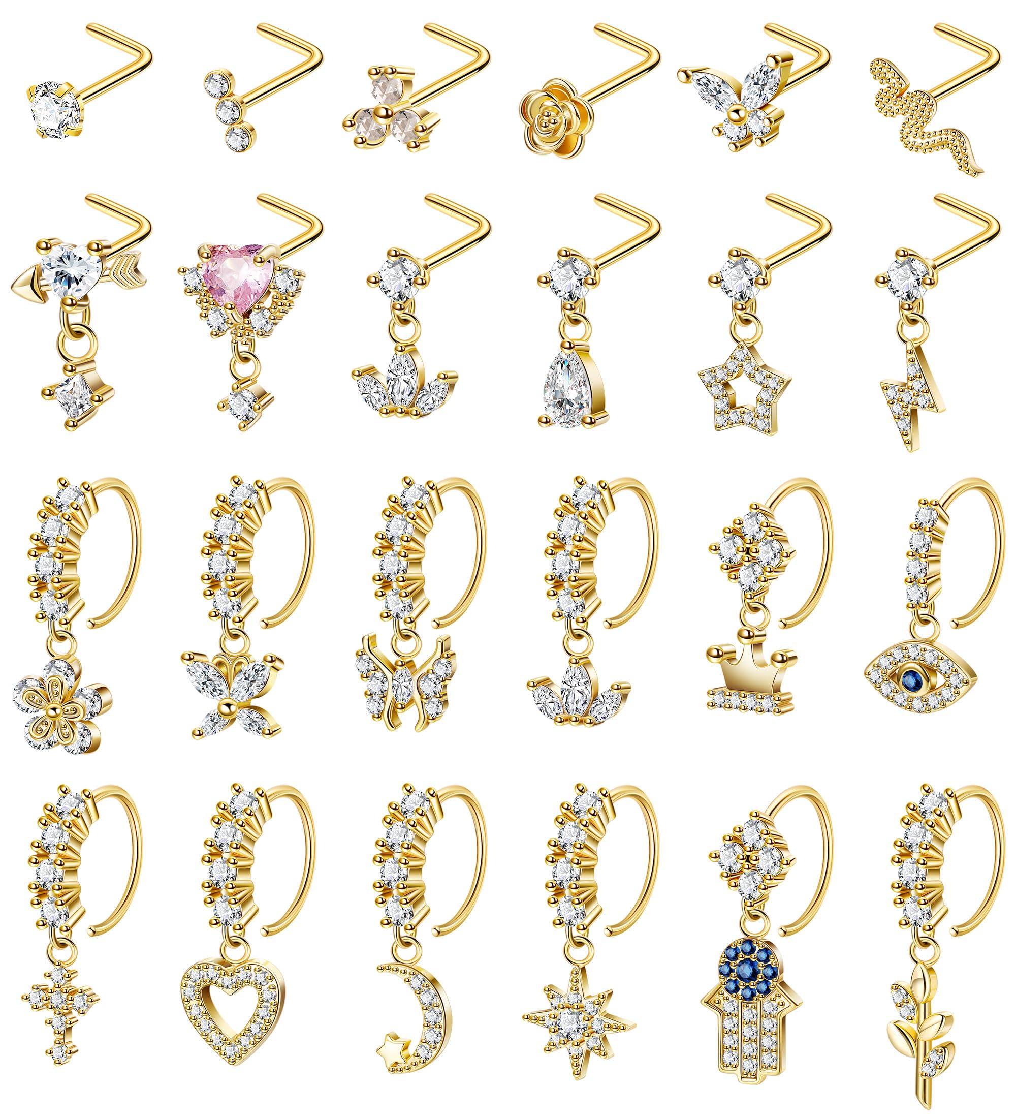 LOAYHOAY 24Pcs 20G Surgical Steel Dangle Nose Ring for Women L Shaped Dangling Nose Stud Dainty Nose Hoop Set CZ Flower Leaf Heart Moon Star Butterfly Dangle Nose Piercing Jewelry