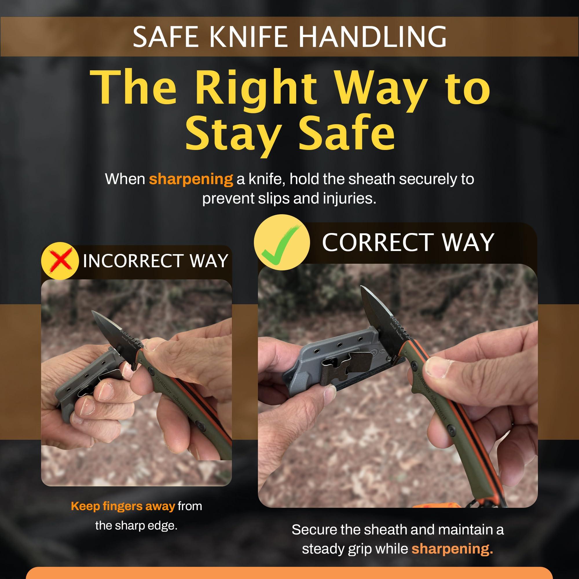 OUTDOOR ELEMENT Scout Feather - Adventure Survival Knife - Full Tang, Ceramic Honing V Notch built into included Sheath, Hex Driver in Handle, 115dB Emergency Whistle, Replacable Ferro Rod - Image 8