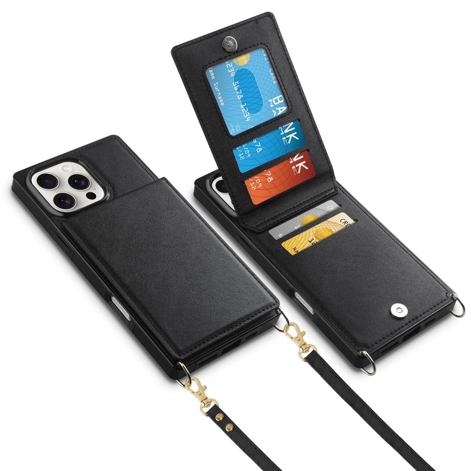 Vofolen for iPhone 16 Pro Case with Card Holder Crossbody Lanyard Strap Leather Wallet Case with Magnetic Clasp Kickstand Heavy Duty Protective Flip Cover for iPhone 16 Pro for Women, Black