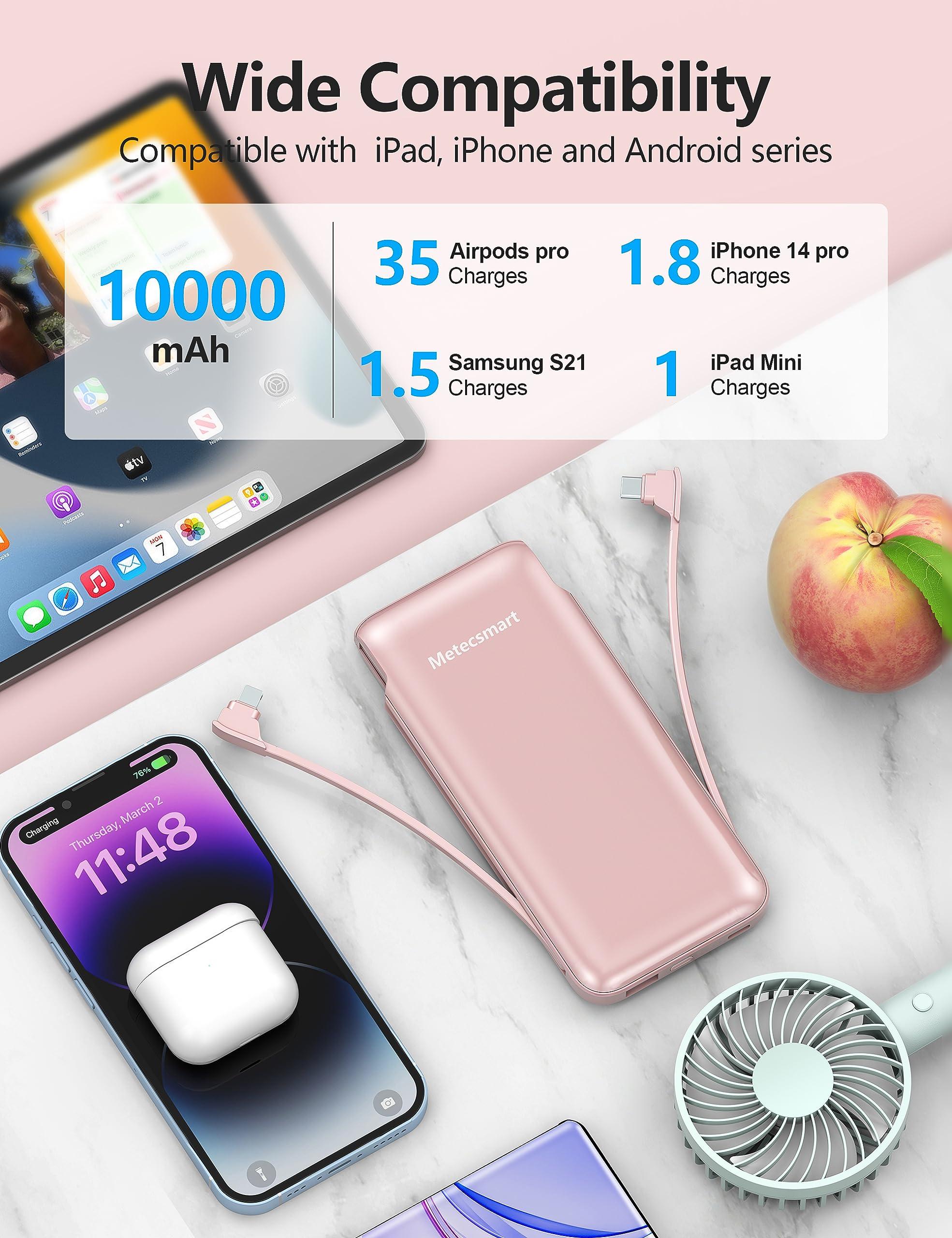 Metecsmart Portable Charger Power Bank with Built-in Cable & AC Plug, 10000mAh Fast USB-C Charger, Slim Mini Battery for iPhone 16/15/14/13/Pro/Max & All USB-C Devices - Image 3