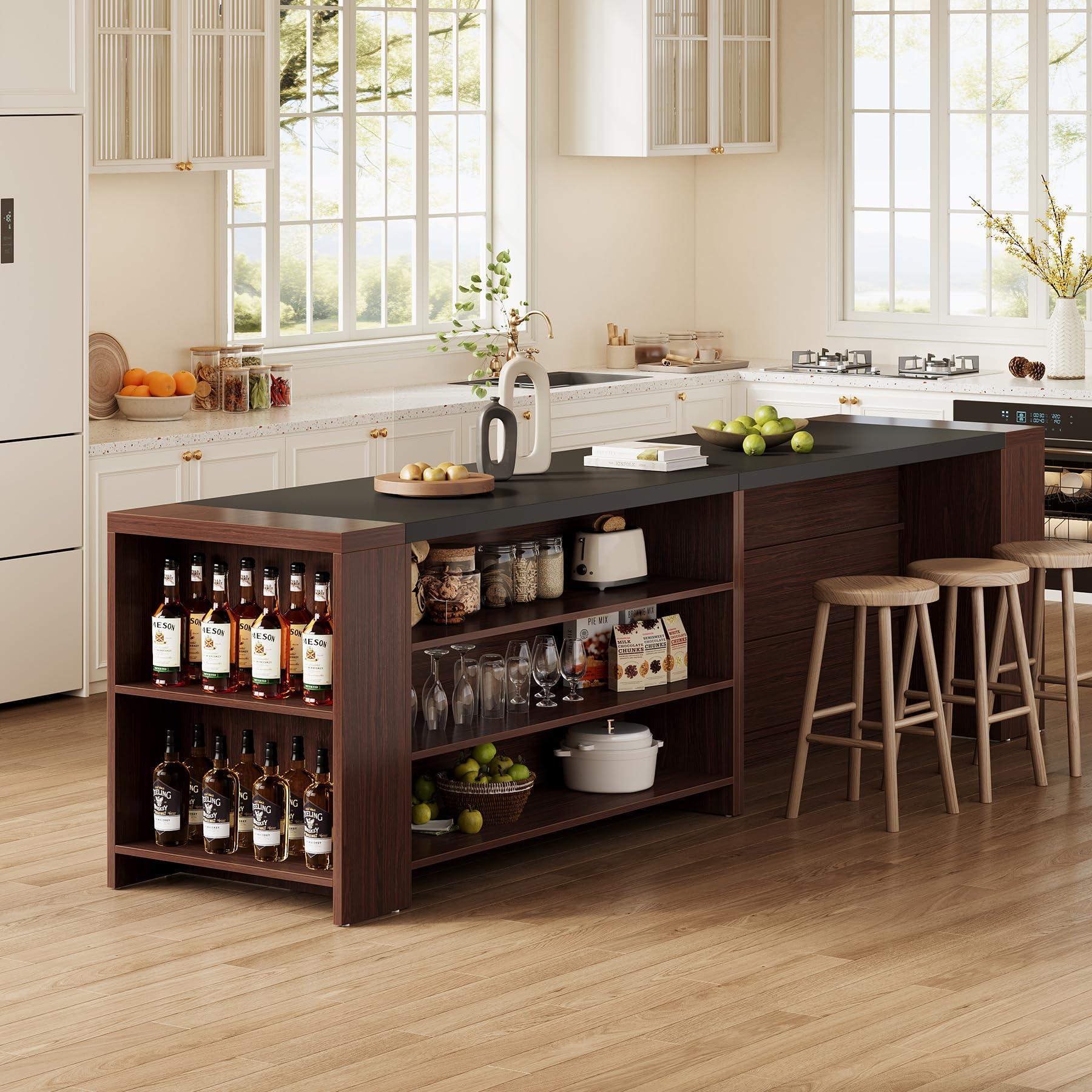 LITTLE TREE 55 Inches Modern Wooden Kitchen Island with Large Worktop & Leg Room, 4-Tier Storage Cabinet for Dining Room, Coffee Bar Table Cabinet for Living Room - Image 8