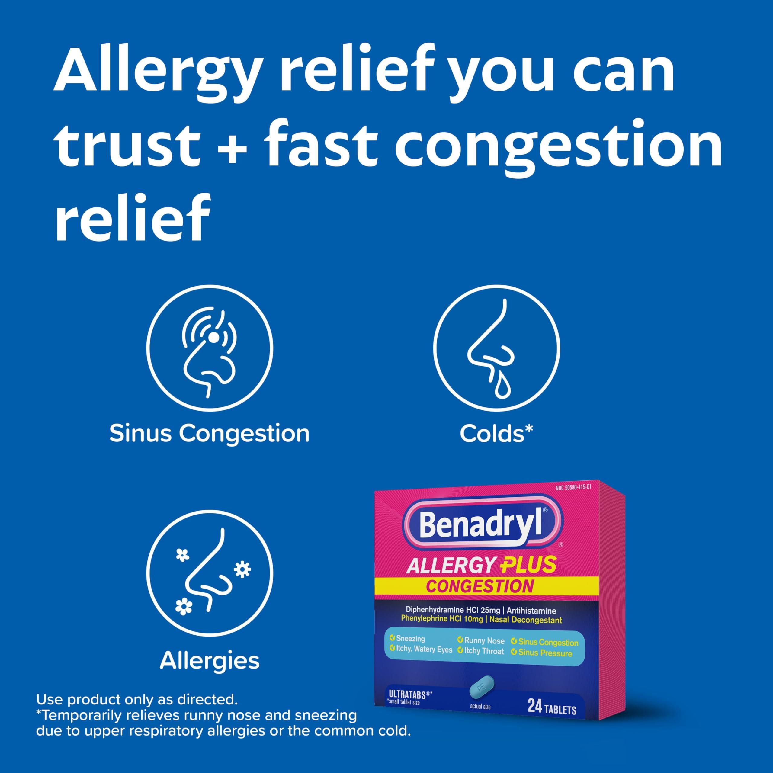 Benadryl Allergy Plus Congestion Ultratabs, Medicine with Diphenhydramine HCl Antihistamine & Phenylephrine HCl Nasal Decongestant, Allergy & Sinus Congestion Relief Tablets, 24 ct - Image 2