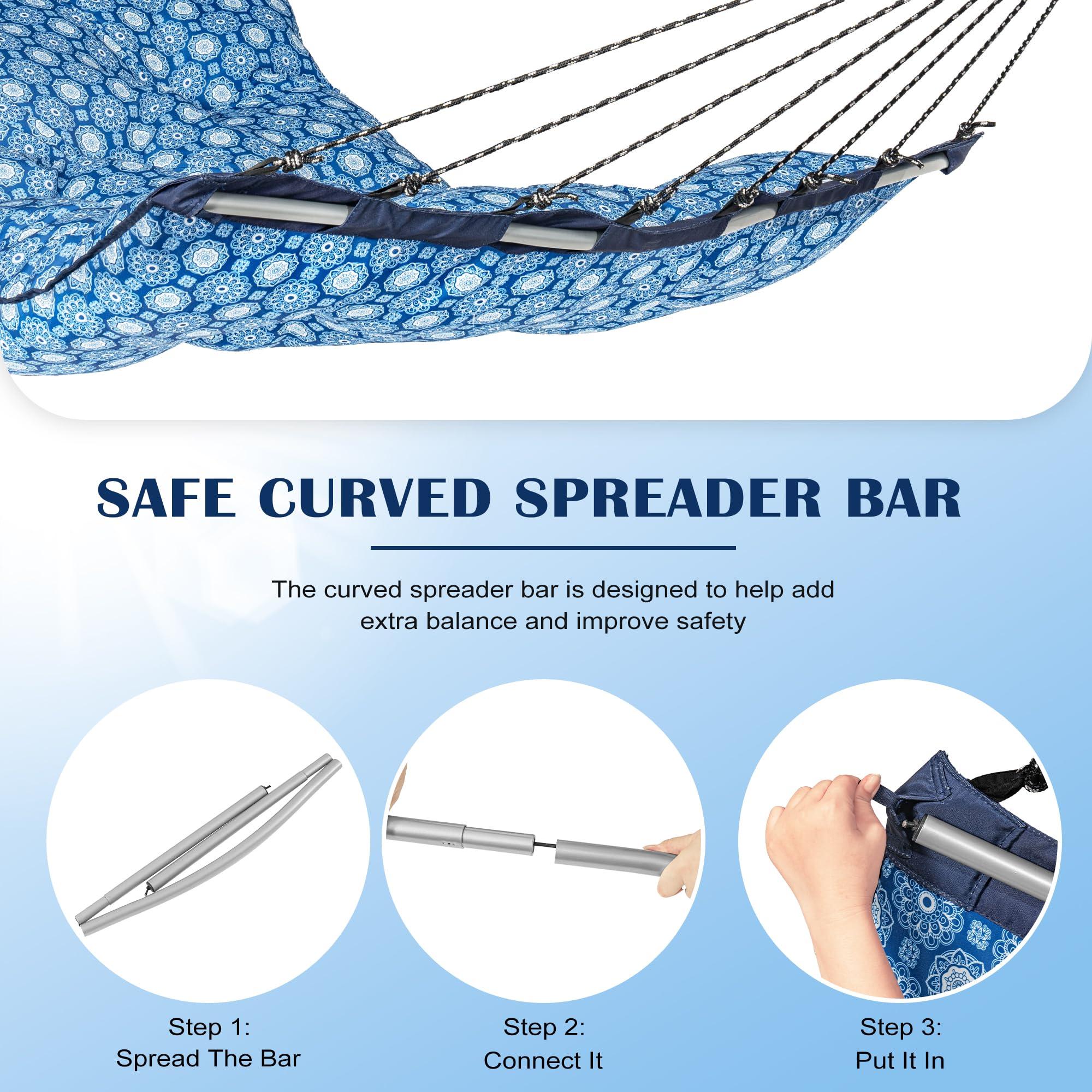 Lazy Daze Hammocks Deluxe 12 FT Thickened Fabric Hammock with Curved Aluminium Spreader, Outside Double Hammock with Large Soft Pillow, Side Pocket 450 Lbs Capacity for Patio, Blue Floral - Image 6