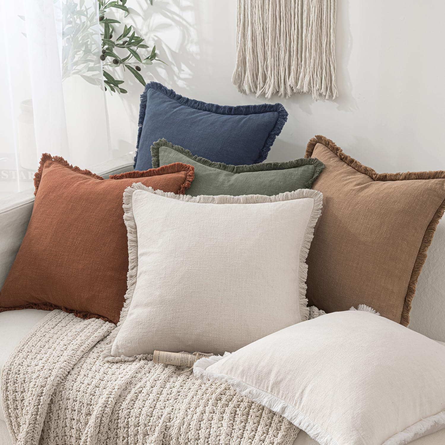 MIULEE Decorative Throw Pillow Covers Neutral Linen Fringe Throw Pillows Set of 2 Natural Beige Boho Farmhouse Cushion Covers with Tassels for Couch Sofa Bed Living Room Spring Home Decor 20x20 Inch - Image 2