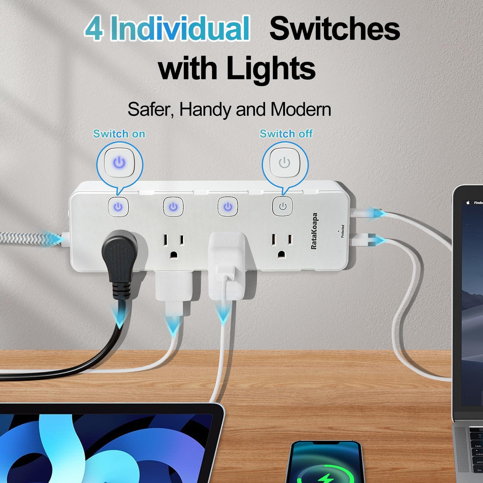 10 Ft Surge Protector Power Strip - 8 Widely AC Outlet 4 USB Ports(2 USB C), Flat Plug Extension Cord with Multiple Outlets, Individual Switches, Desk Extender for Dorm, Home, Office Essentials, 1400J - Image 3