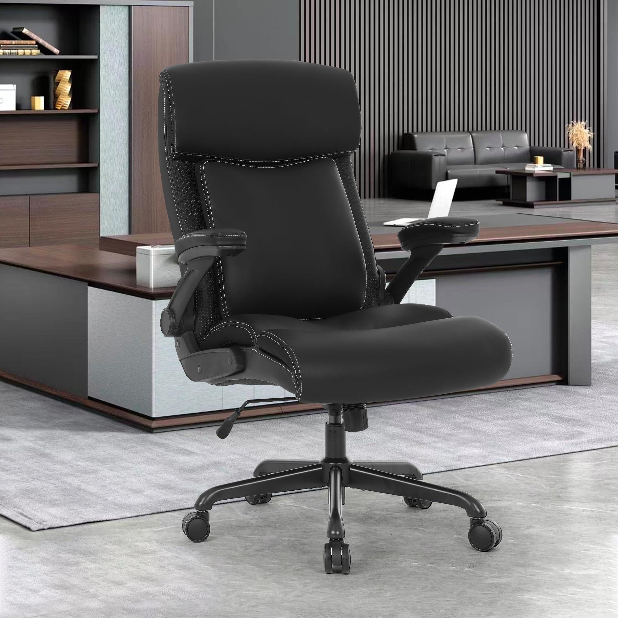 ralex-chair Big and Tall Office Chair, 500lbs for Heavy People, High Back Leather Executive Desk Chair with Flip-up Armrests and Adjustable Height (Black) - Image 2