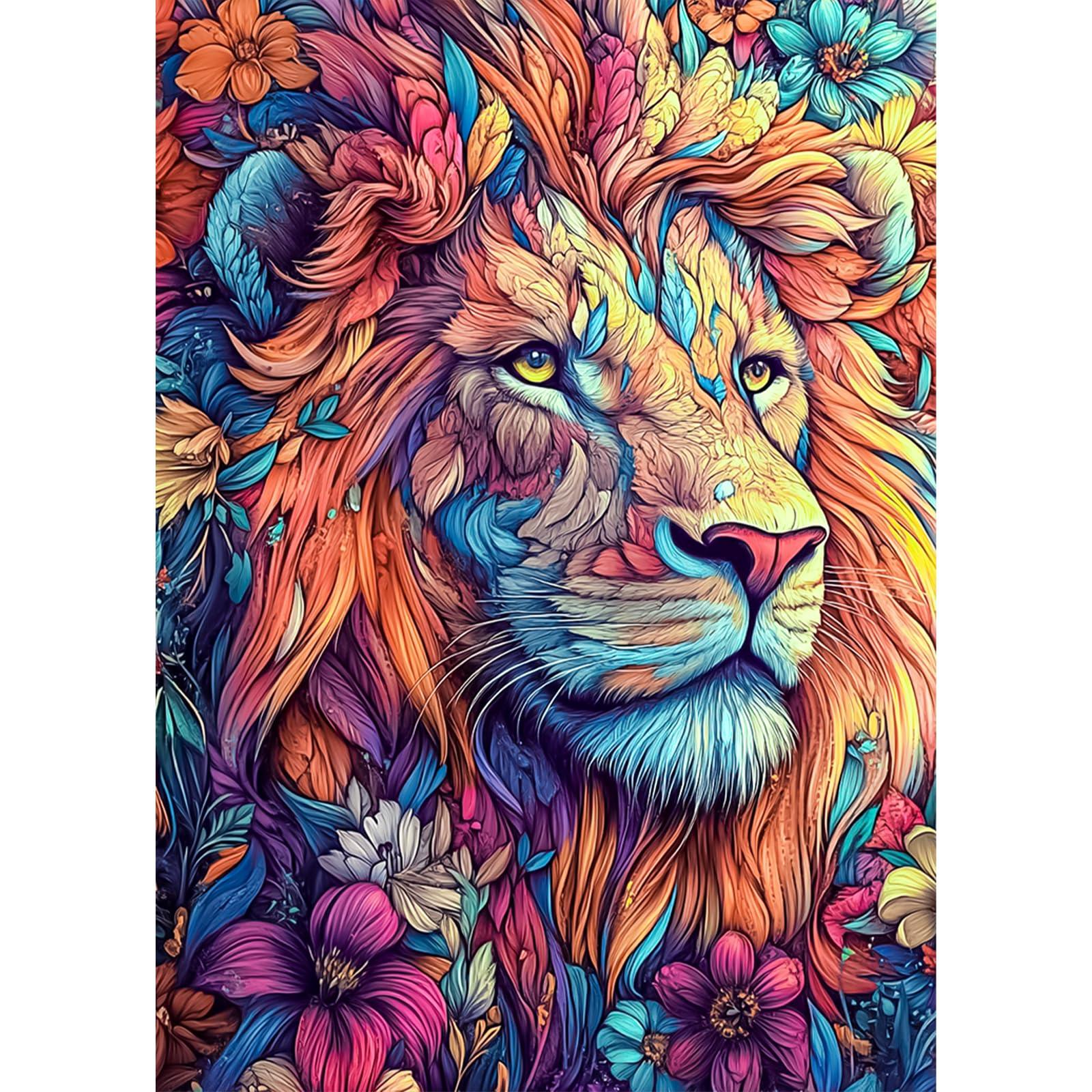 Lxmsja Colorful Lion Diamond Art Kits for Adults, Flower DIY Full Drill Diamond Painting Kits for Beginners, 5D Gem Art Crafts for Adults, Home Wall Decor 12x16 inch