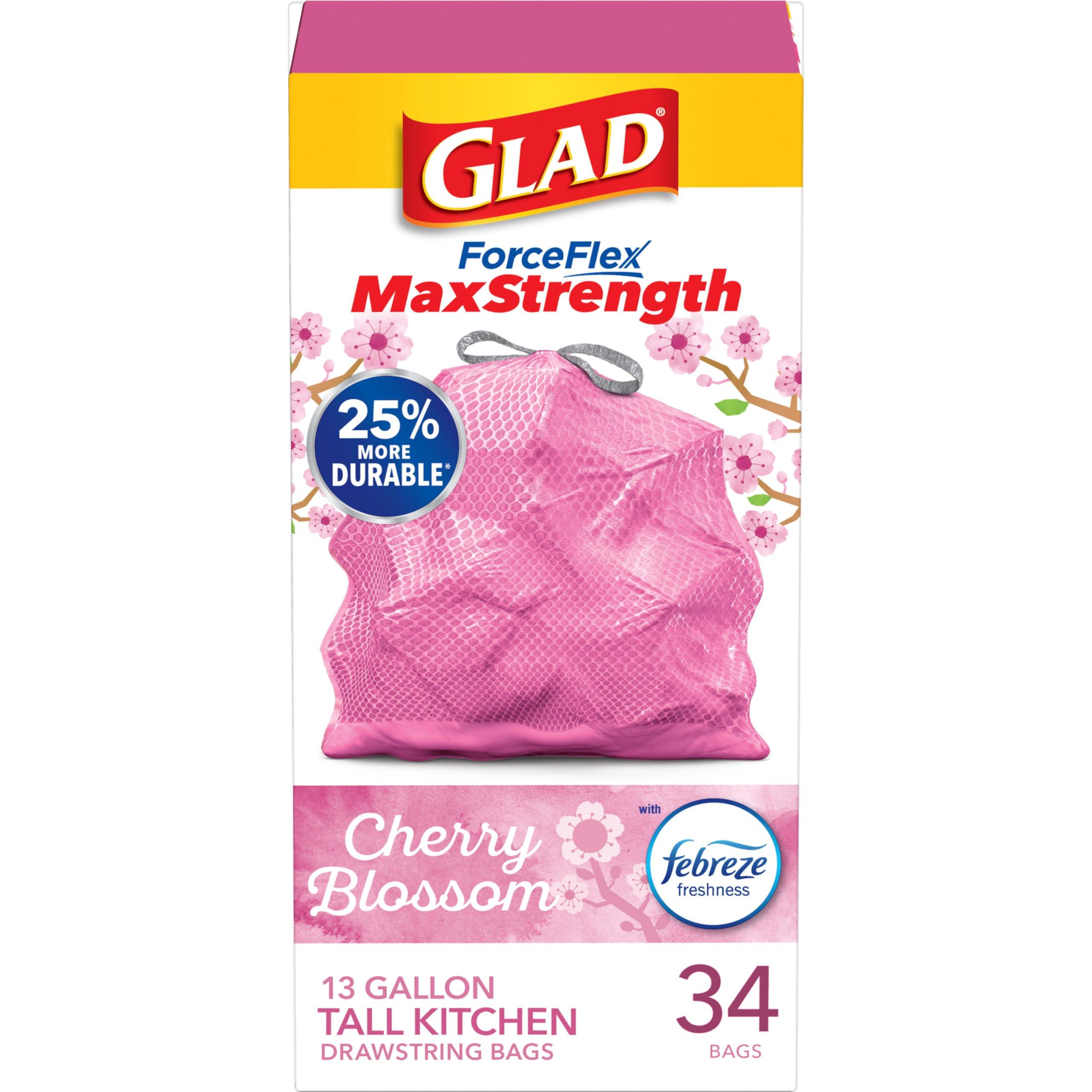 Glad ForceFlex MaxStrength Tall Kitchen Trash Bags, 13 Gal, Cherry Blossom, 34 Ct (Package May Vary)
