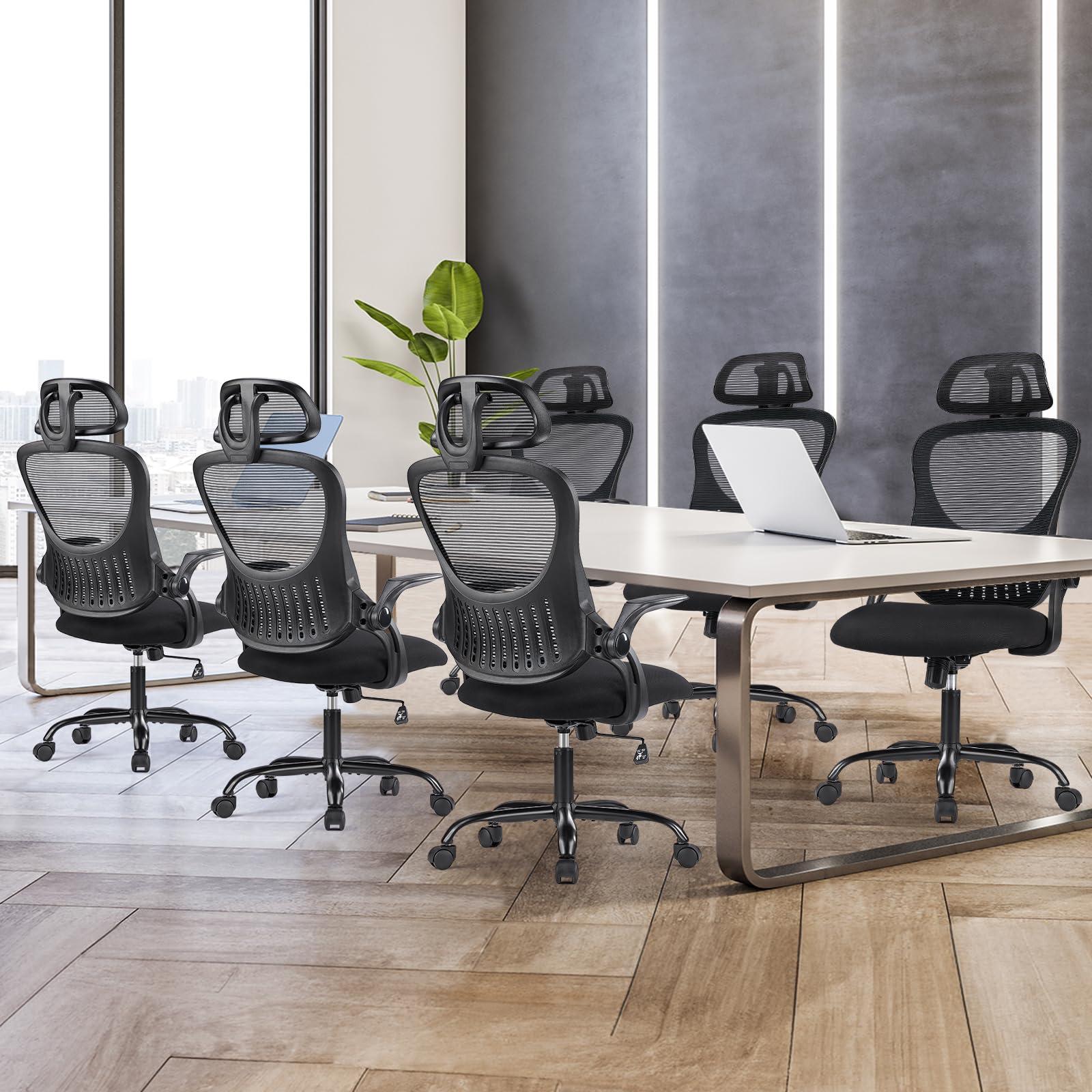 Sweetcrispy Office Computer Desk Chair, Ergonomic High-Back Mesh Rolling Work Chairs with Wheels and Adjustable Headrests, Comfortable Lumbar Support, Comfy Flip-up Arms for Home,Bedroom,Study, Black - Image 7