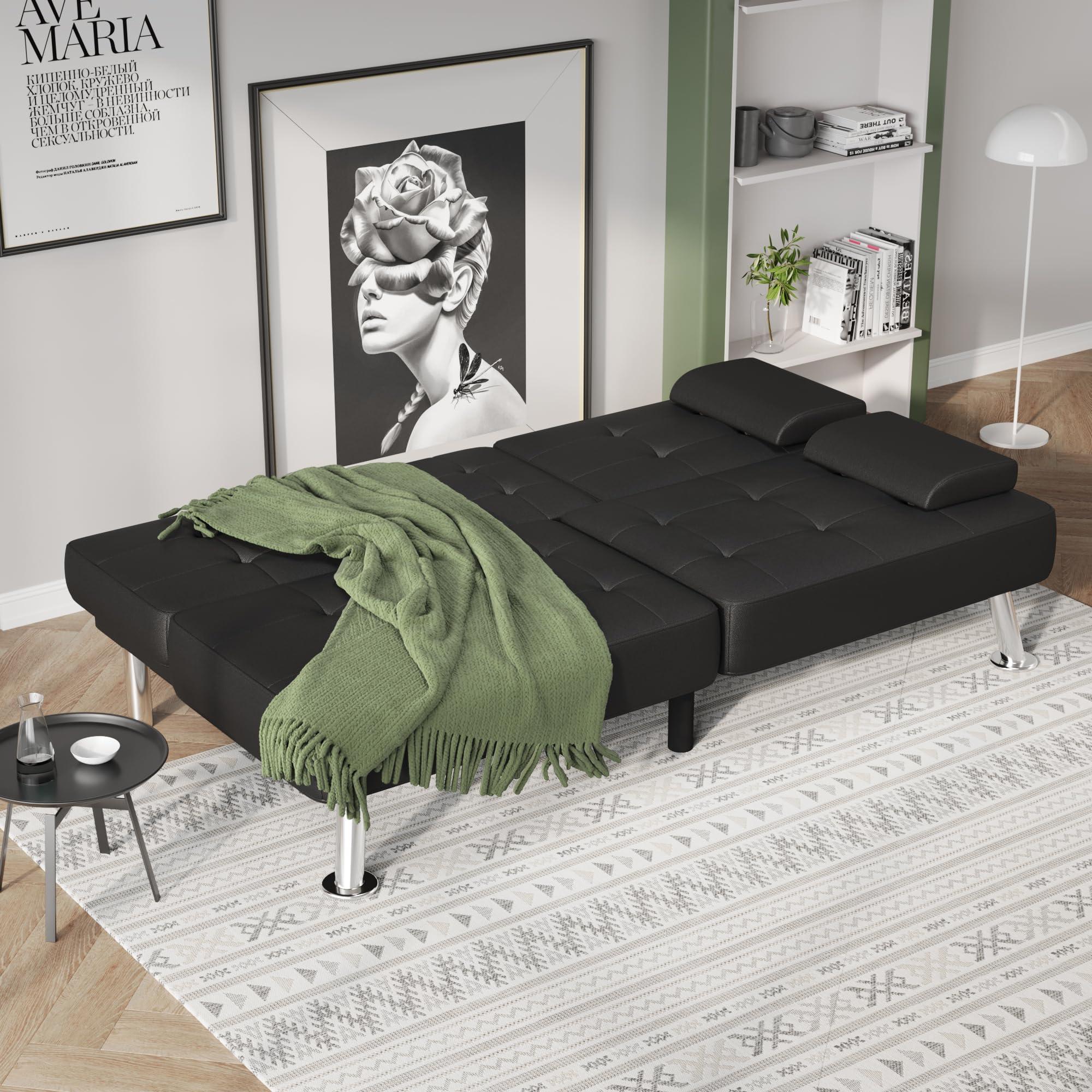Flamaker Futon Sofa Bed Modern Folding Futon Set Convertible Recliner Lounge for Living Room with 2 Cup Holders, Removable Armrests (PU Leather, Black) - Image 4