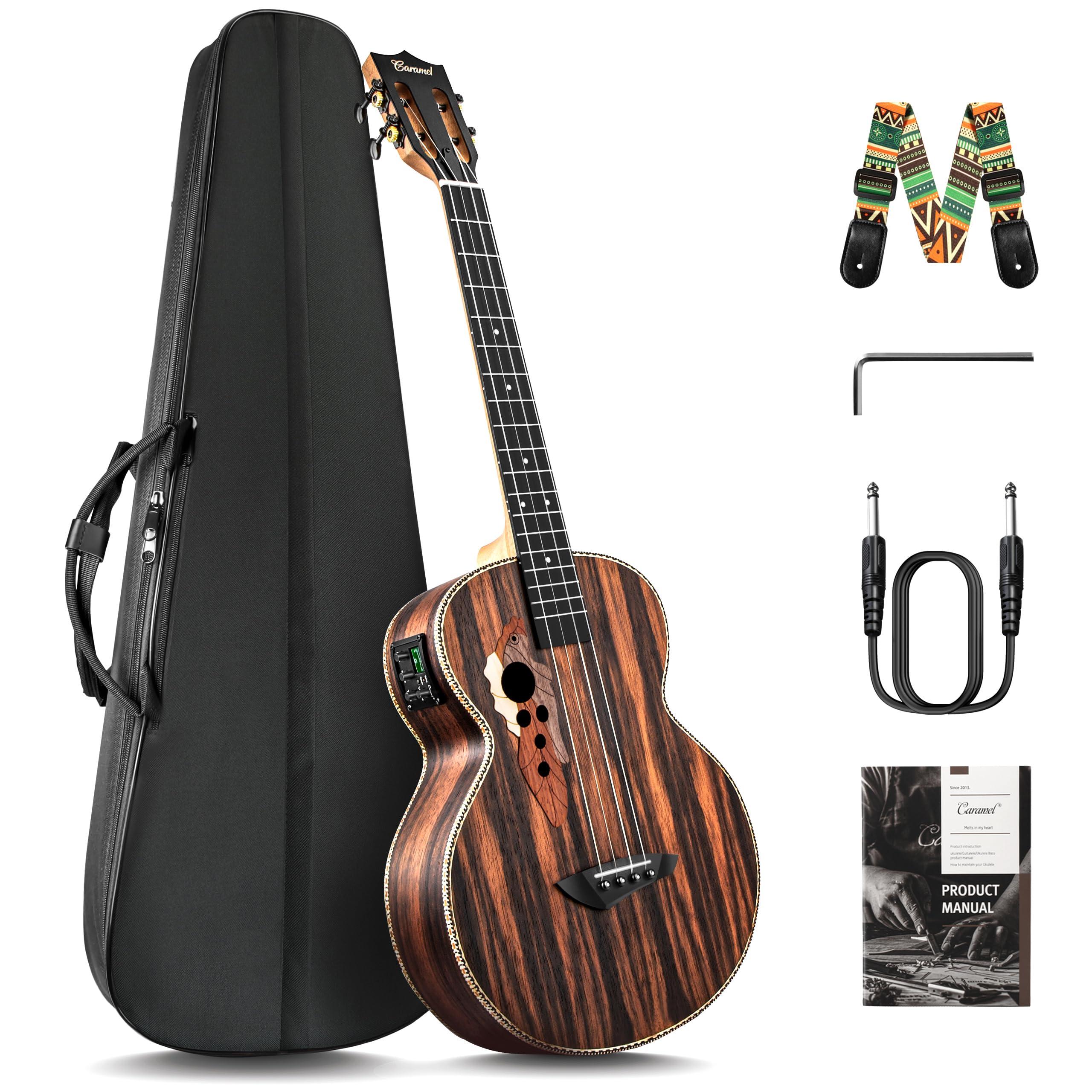 Caramel Ebony Wood Baritone Ukulele 30inch Wood LCD Color Display Electric Ukelele Kit Hawaiian Beginner Guitar Starter Pack Bundle Gig bag, Strap, Strings Set
