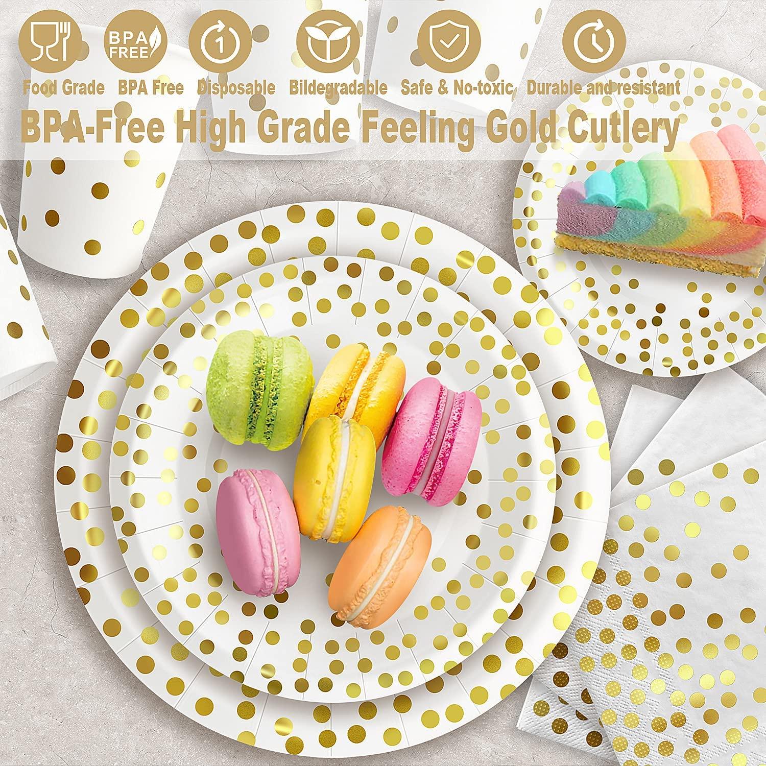 175PCS White and Gold Party Supplies, Severs 25 Disposable Party Dinnerware, Gold Plastic Forks Knives Spoons and Golden Dot Paper Plates, White Napkins Cups for Graduation, Birthday, Wedding - Image 5