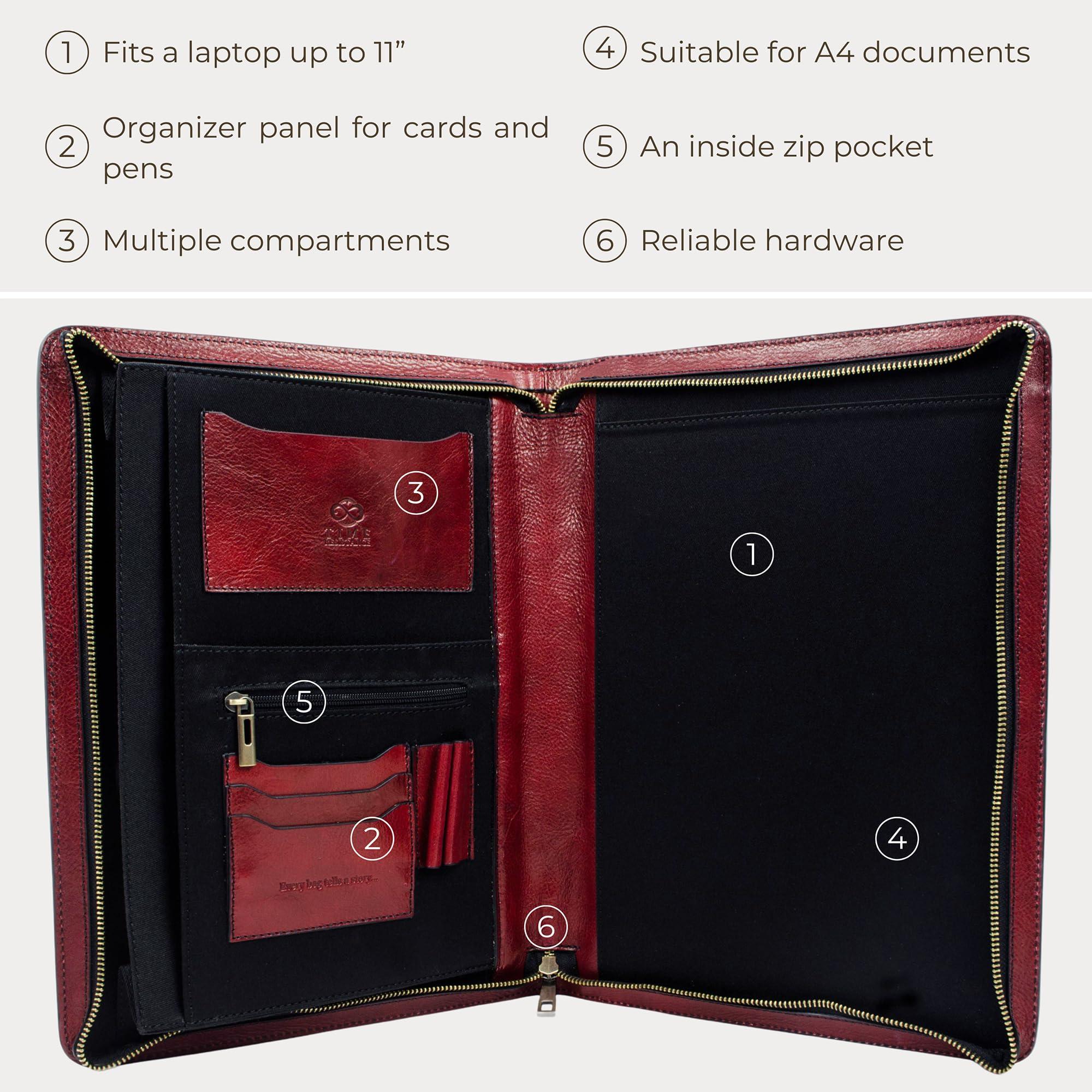 Time Resistance Leather Portfolio - A4 Document Folder - Italian Handcrafted Padfolio Organizer (Red) - Gift Box Included - Image 6