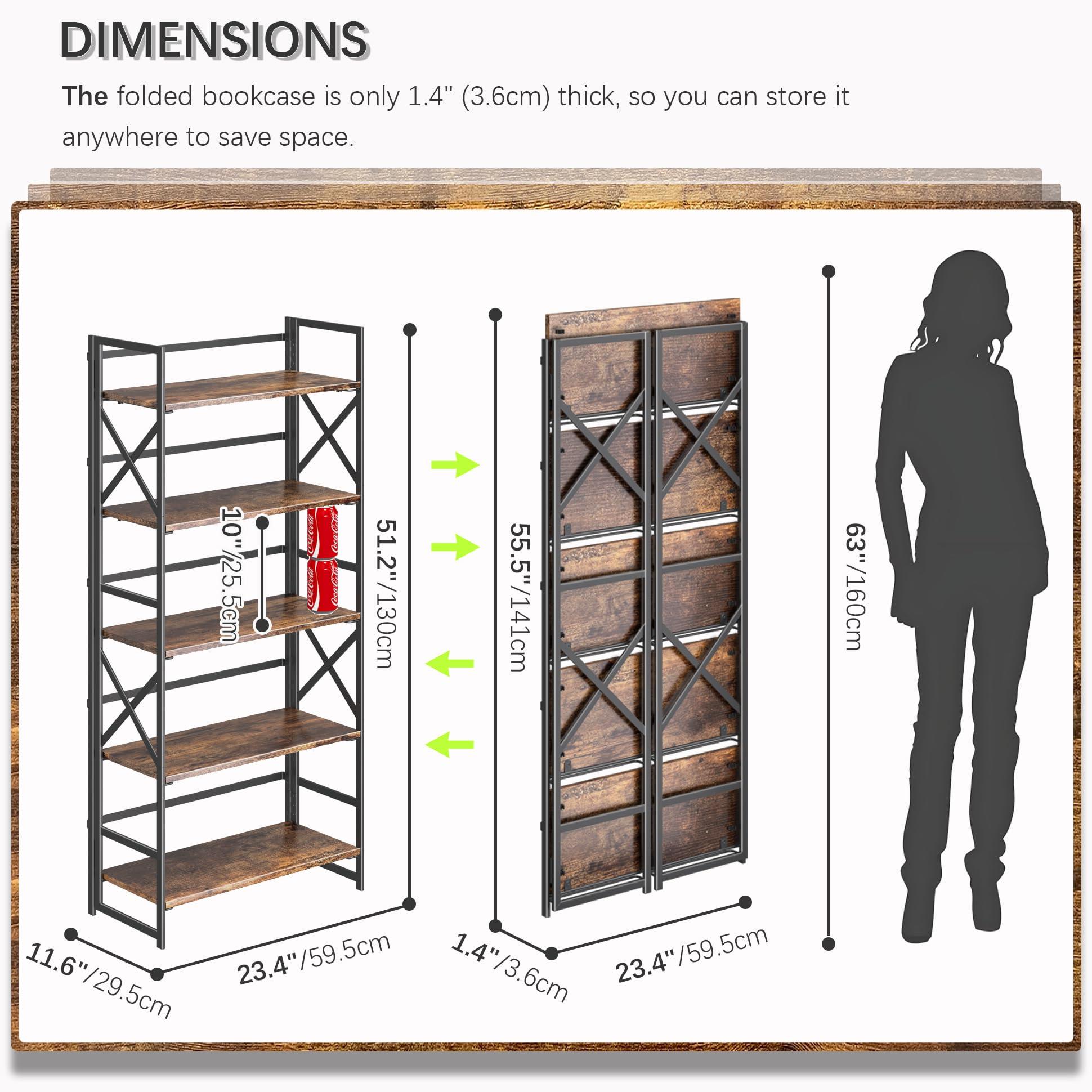 4NM 5 Tiers No Assembly Book Shelves, Black Folding Bookshelf Bookcase Open Industrial Foldable Shelves for Bedroom, Living Room, Home Office - Rustic Brown Black - Image 2