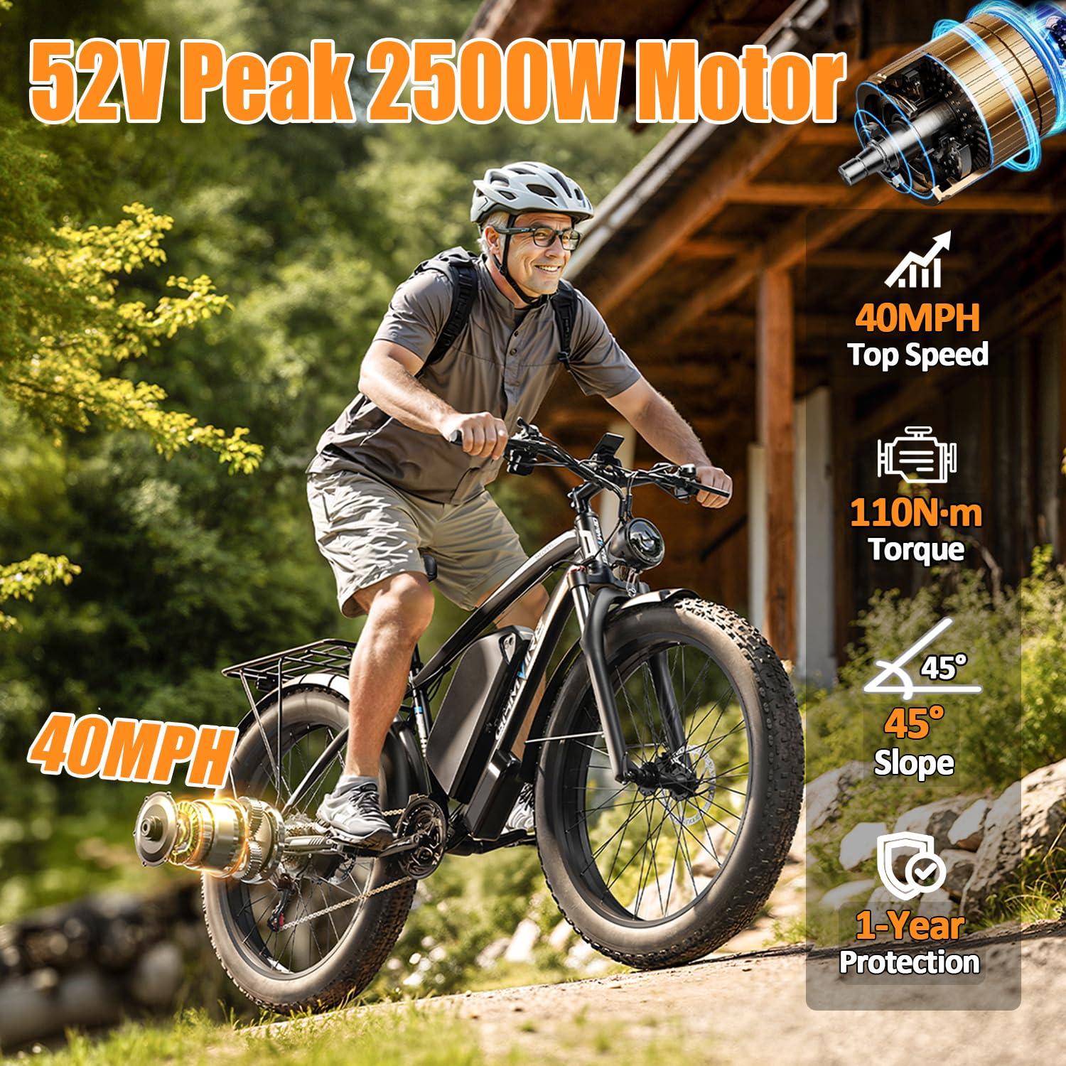 GAMVIRE 24"/26" Ebike for Adults Electric, Peak 2500W E-Bike, 52V 19.2Ah, Max 40MPH&70Miles, Hydraulic Disc Brake, Off Road Snow Mountain Pedal Assist E-Bikes, Fat Tire Fast E-Bicycle, UL Certified - Image 3