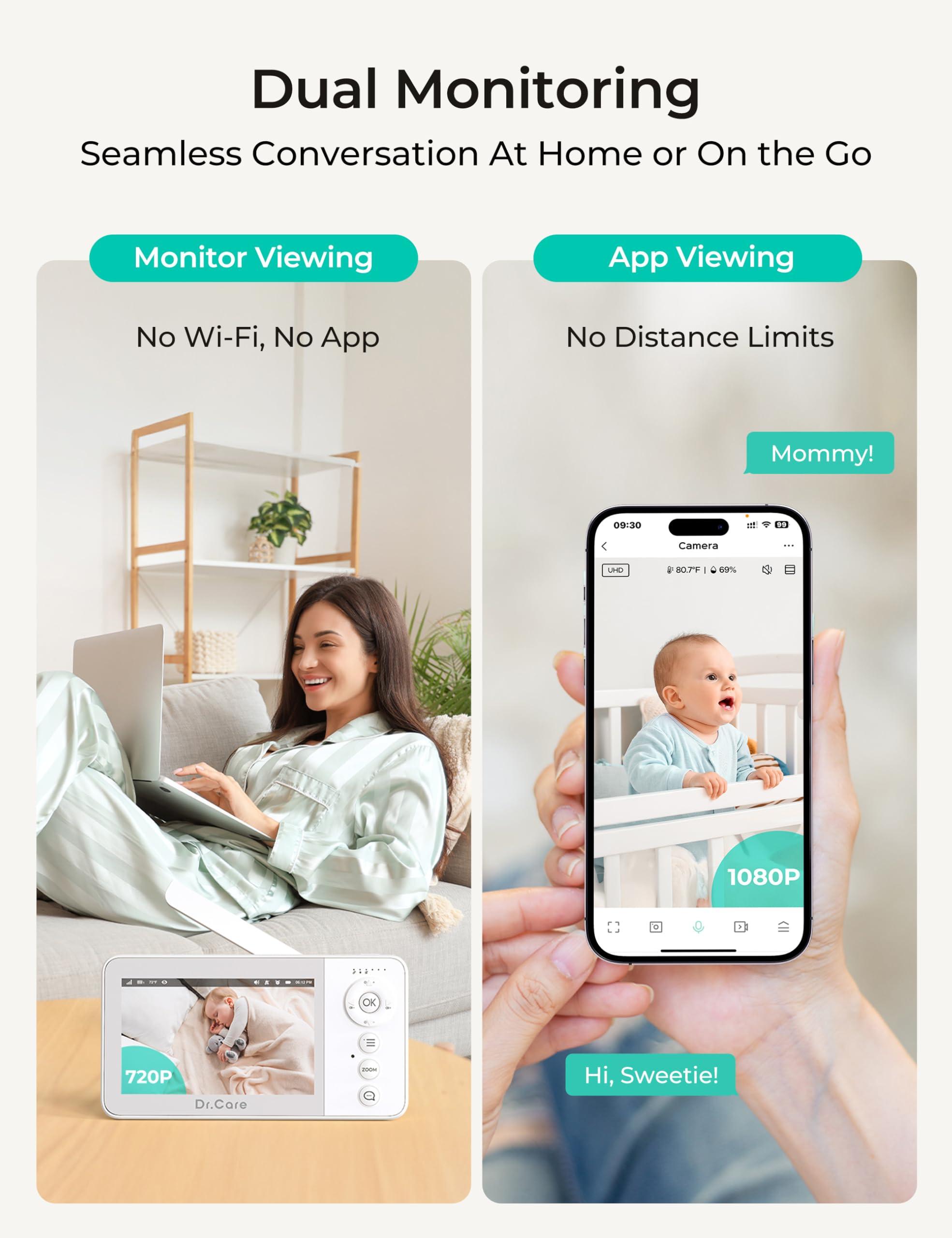 Dr.Care VistaView Lite RB Smart WiFi Baby Monitor - 4” 720P Split Screen & 1080P Camera App Control, Motion Alerts, 2500mAh Removable Battery, HD Night Vision, 2-Way Talk, Multi-User, Triple Security - Image 2