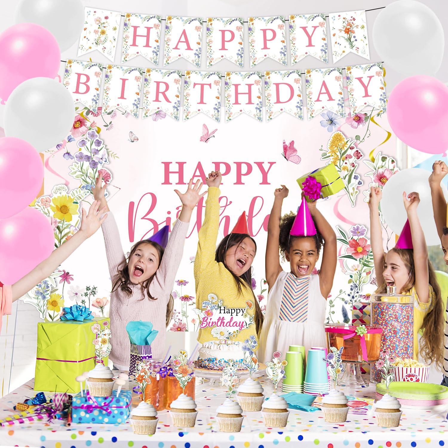 Rngmsi Flower Birthday Decorations Set - 42PCS Wildflower Floral Birthday Decor Party Supplies for Girls Women Happy Birthday Banners Balloons Backdrop Hanging Swirls Cake Topper Cupcake Toppers - Image 5