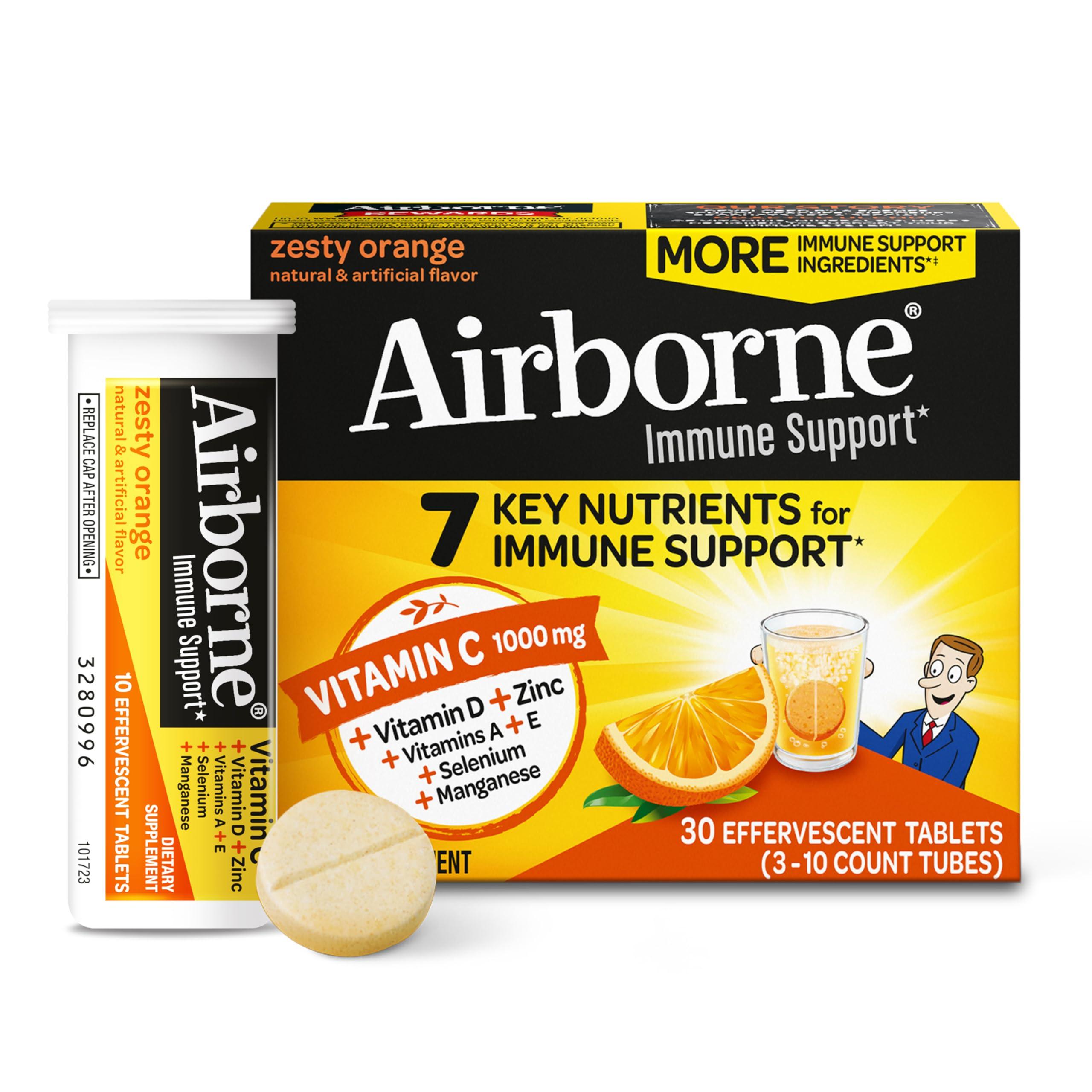 Airborne Vitamin C 1000mg (per Serving) - Zesty Effervescent Tablets, Gluten-Free Immune Support Supplement, Echinacea & Ginger, Orange, Citrus, 30 Count (Pack of 3)