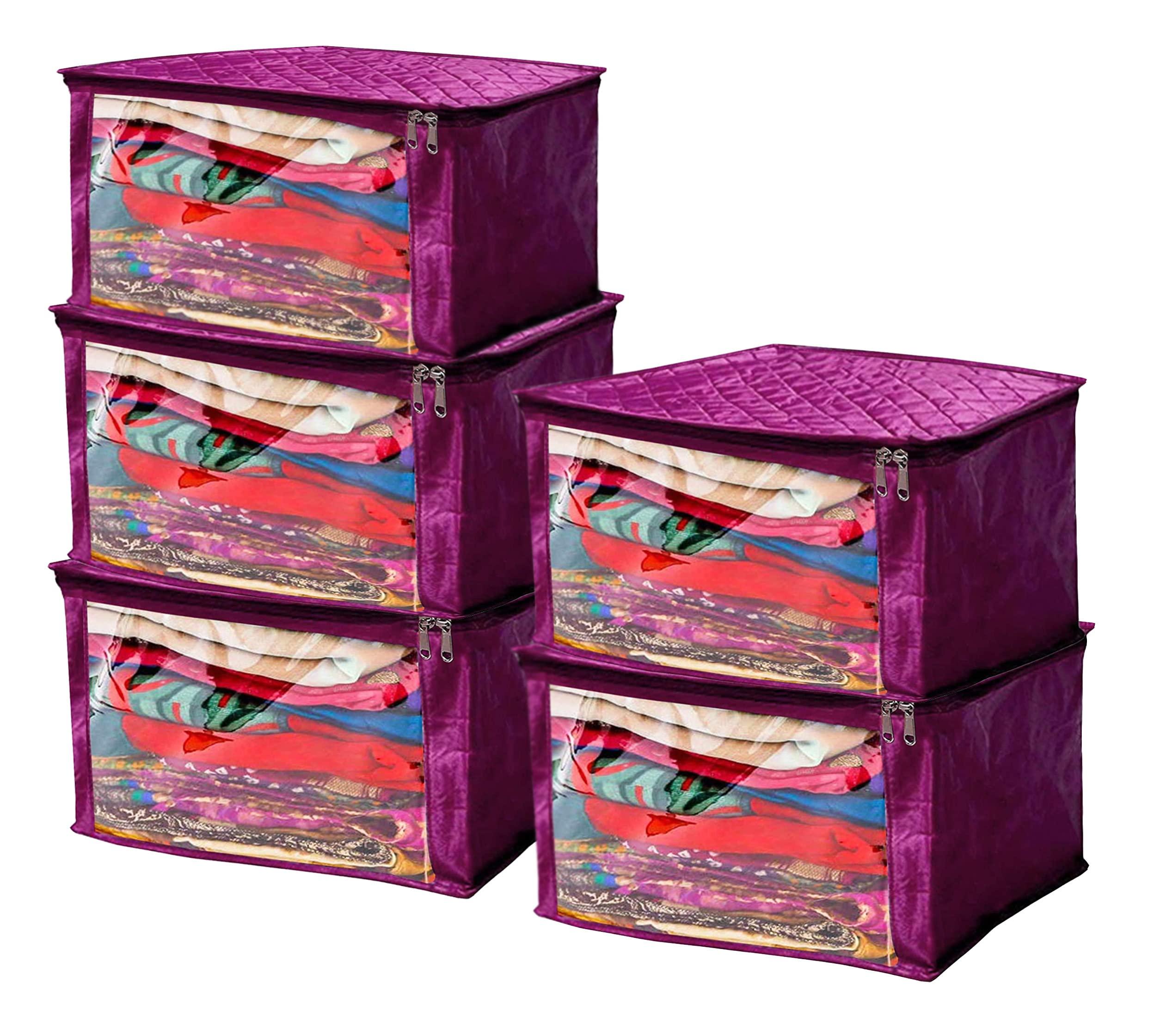 atorakushon Satin Fabric Foldable Garments Saree Blouse Cover Bag Pouch Closet Wardrobe Organizer With Clear Window Zipper Lock Pack of 5 (Purple)
