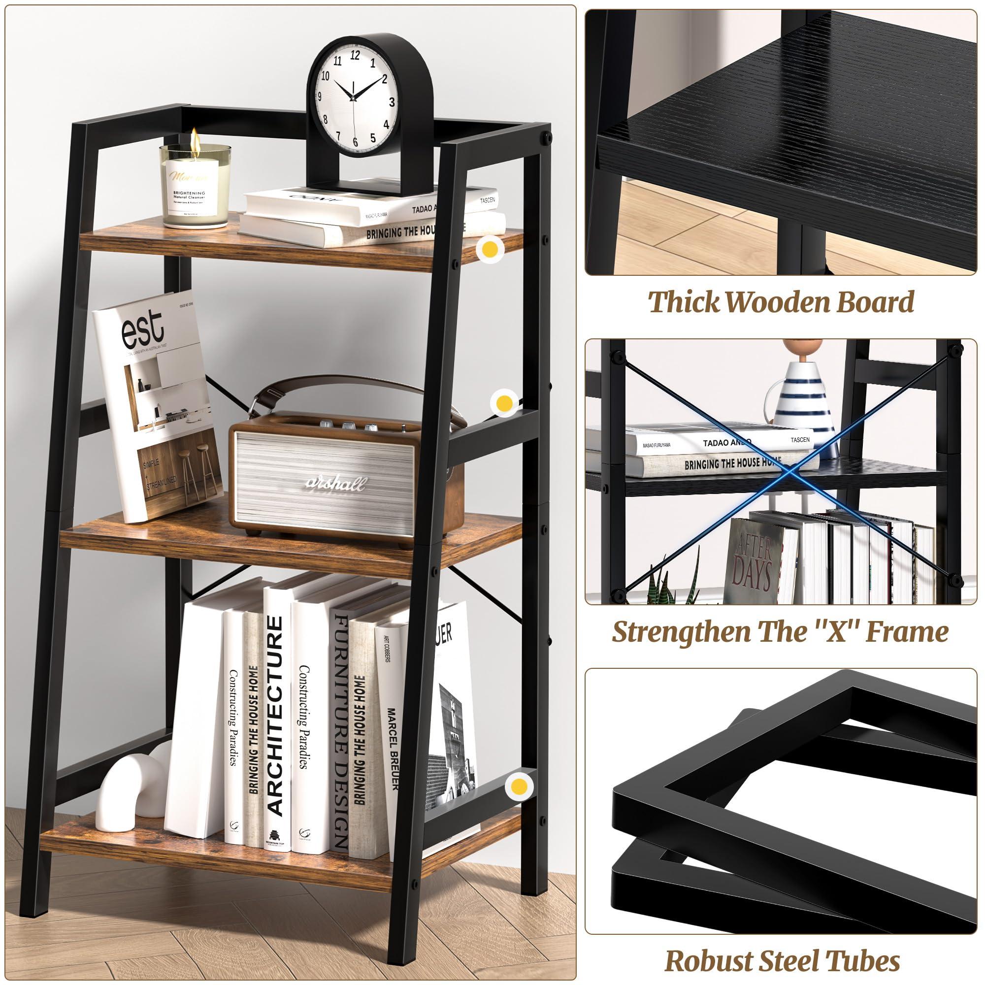 3-Tier Bookshelf, Ladder Shelf, Industrial Bookcase with Steel Frame, Metal Small Bookcase, Stand up Shelves for Living Room, Home Office, Kitchen, Bedroom, Industrial Style（Rustic Brown & Black） - Image 6