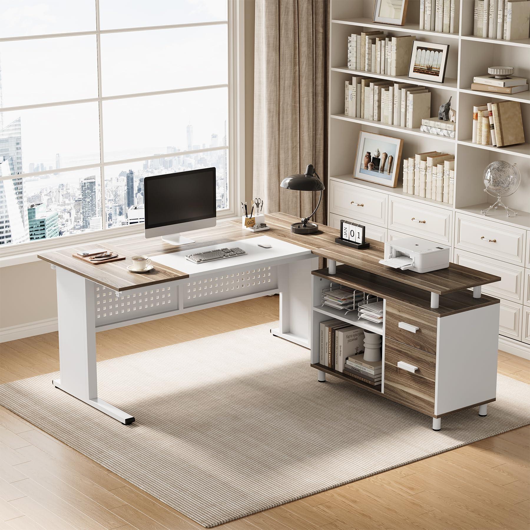 LITTLE TREE Large Computer Desk with File Cabinet, 63 Inch Executive Desk L Shaped Office Desk with Drawers and Storage Shelves, Business Furniture Desk Workstation for Home Office - Image 4