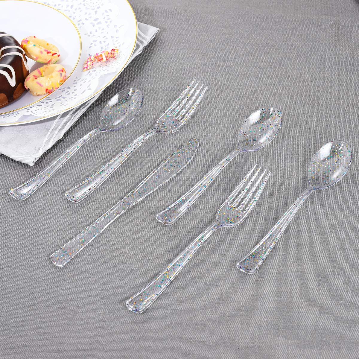 Supernal 360pcs Clear Plastic Silverware, Glitter Disposable Cutlery with Colorful Design,120 Forks,120 Knives,120 Spoons,Perfect for Parties Birthday - Image 2