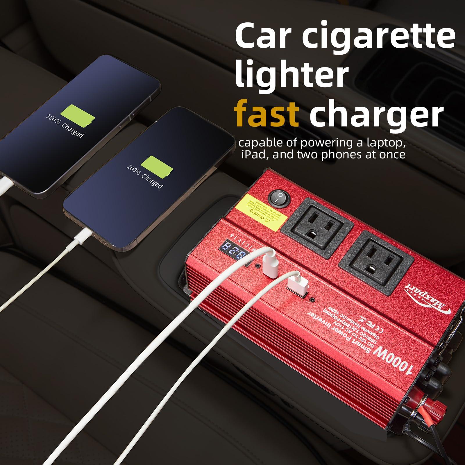 TWING Car 1000w Inverter,12v DC to 110v Power Inverters for Vehicles 1000 watt with Dual AC Outlets 3.0A USB and Type-C,12 Volt Inverter Car Cigarette Lighter Battery - Image 5