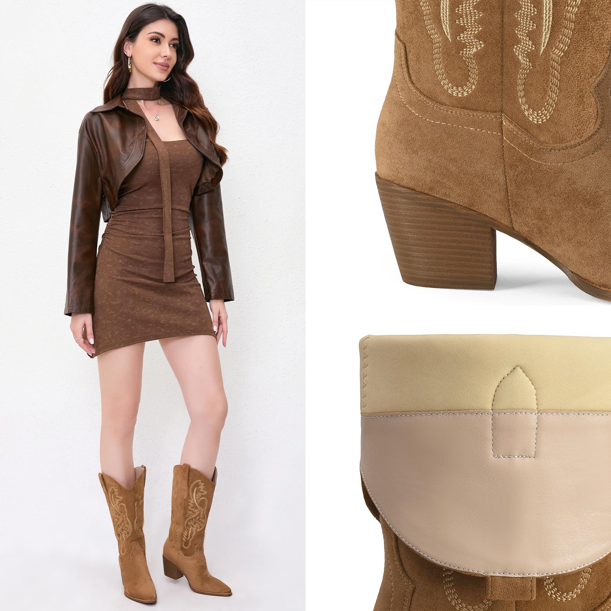 iiimmu Cowgirl Boots Women Knee High Boots Pointed Toe and Block Heel Cowboy Suede and Faux Leather Boots with Embroidered - Image 3