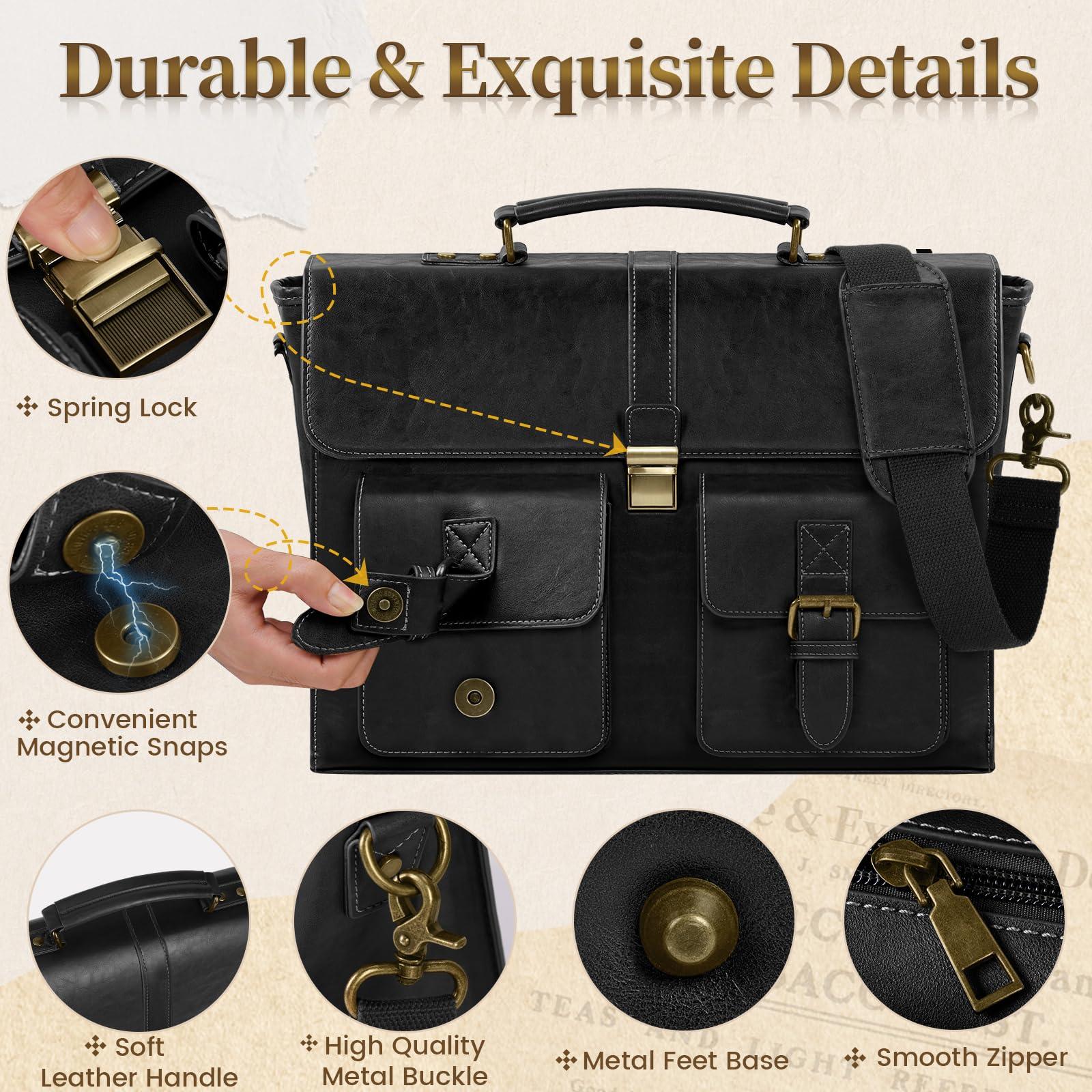 RAINSMORE Mens Messenger Bag 15.6 Inch Leather Vintage Laptop Briefcase Waterproof Computer Laptop Bag Leather Satchel Bag Large Shoulder Bag for Office Work Travel College, Black - Image 5
