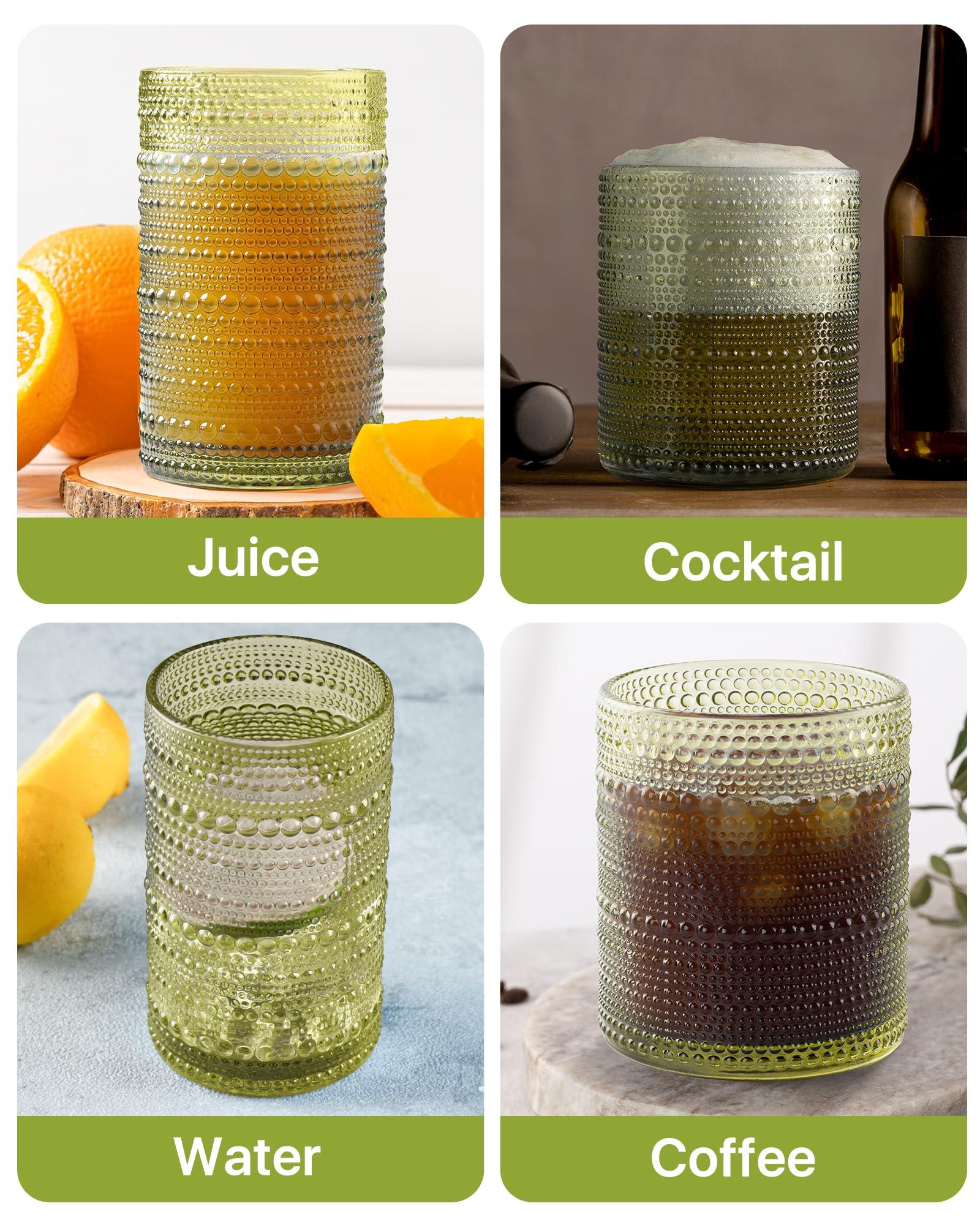 DmmyAlzx Hobnail Drinking Glasses Set of 12 Count, Vintage Glassware, Old Fashioned Glasses, 6 Highball Bubble Drinking Cups 15 oz, 6 Rocks Cups 14.5 oz with 12 Silicone Coasters, Green - Image 8