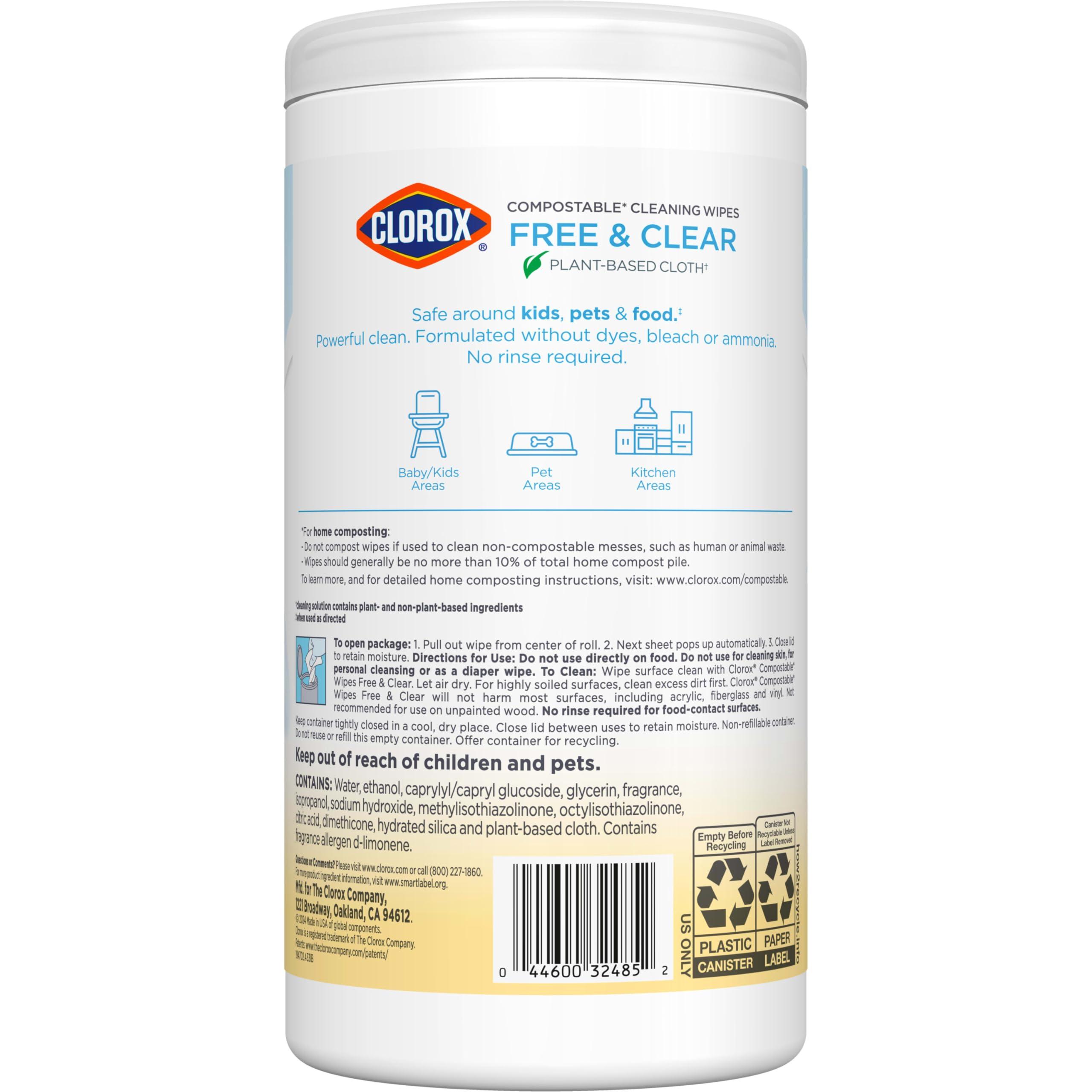 Clorox Free & Clear Compostable Cleaning Wipes, Light Lemon Scent, 75 Count, Pack of 3 (Pack May Vary) - Image 15