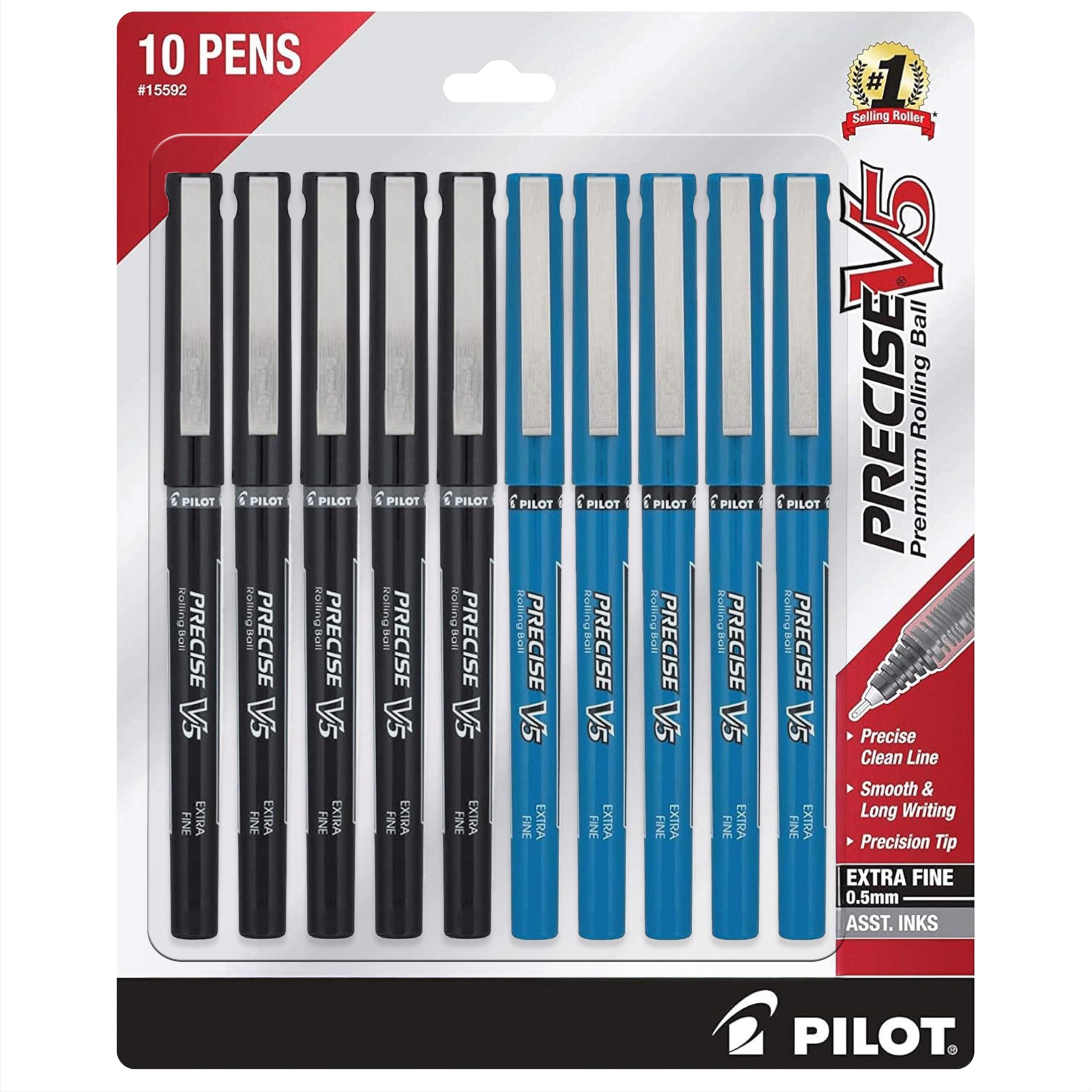 PILOT Precise V5 Rolling Ball Pen Extra Fine Point - 0.5mm - Bulk 10 Pack of 5 Black and 5 Blue Liquid Ink Rollerball Pens