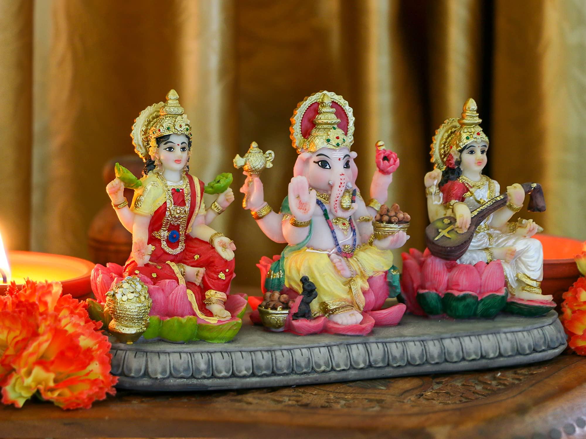 India Laxmi Ganesh Saraswati Statue - 3.9”H Indian God Lakshmi Ganesha Saraswati Idol Figurine Hindu Diwali Gifts Diwali Decoration Home Office Mandir Temple Pooja Item - Image 4