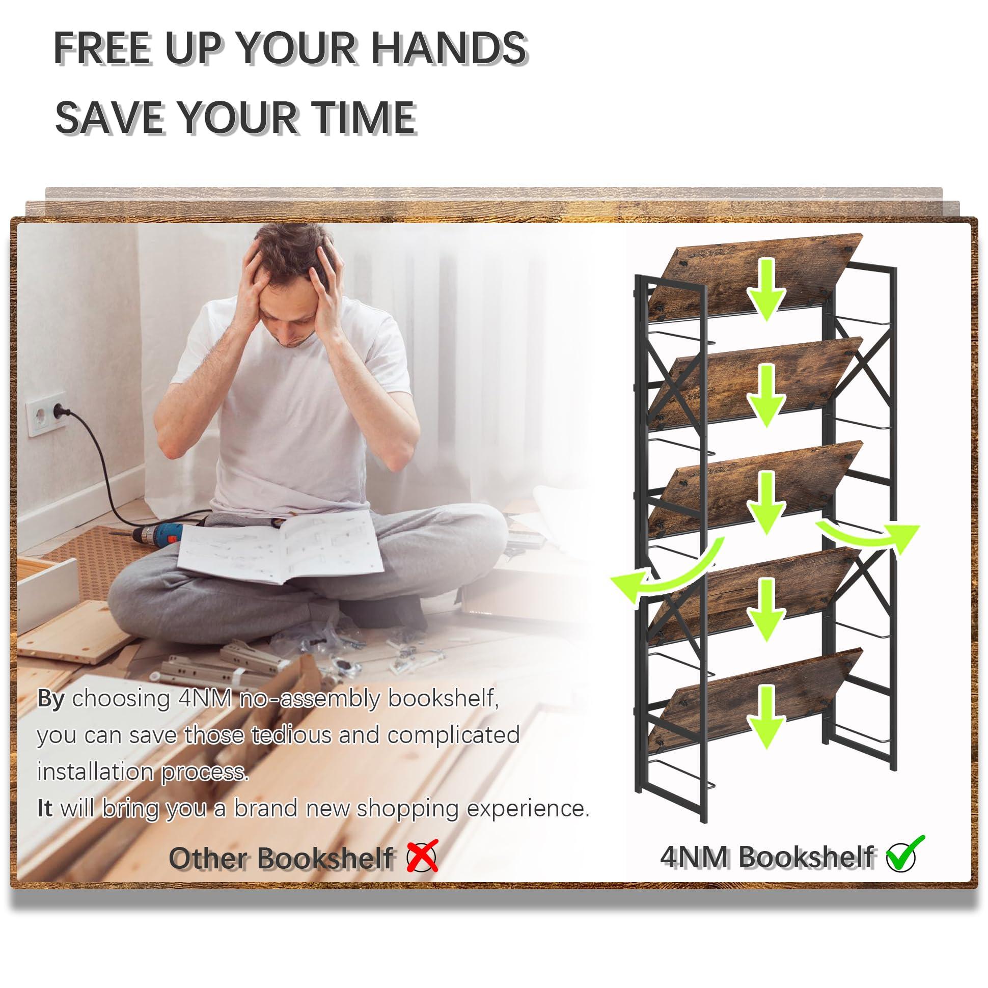 4NM 5 Tiers No Assembly Book Shelves, Black Folding Bookshelf Bookcase Open Industrial Foldable Shelves for Bedroom, Living Room, Home Office - Rustic Brown Black - Image 7