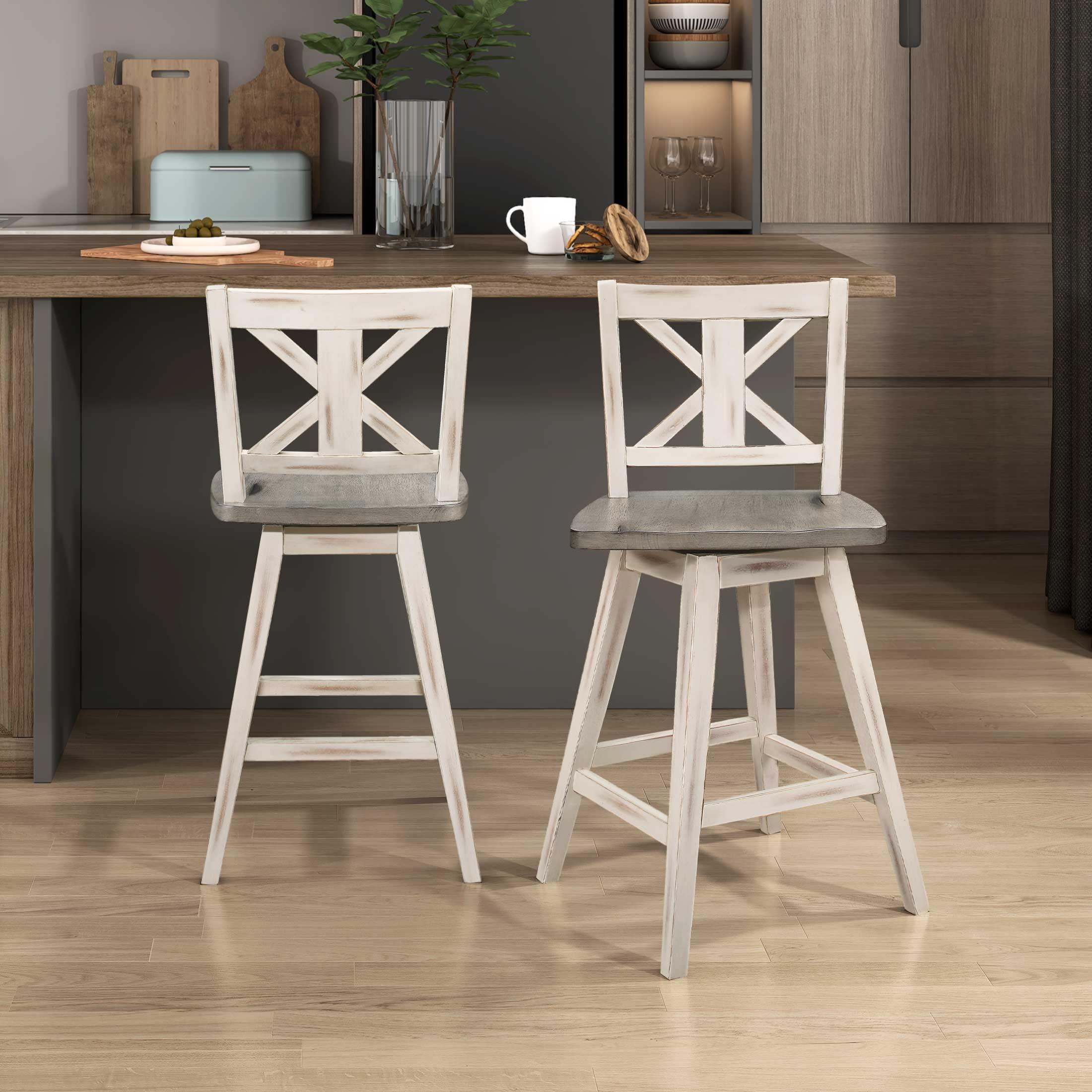 Solid Wood High Back Swivel Counter Height Bar Stools Set of 2, Kitchen Stools Counter Height, Foot Rest, X Back, Tall Wooden Armless Dining Chairs For Kitchen Island, Farmhouse, Rustic, White - Image 8