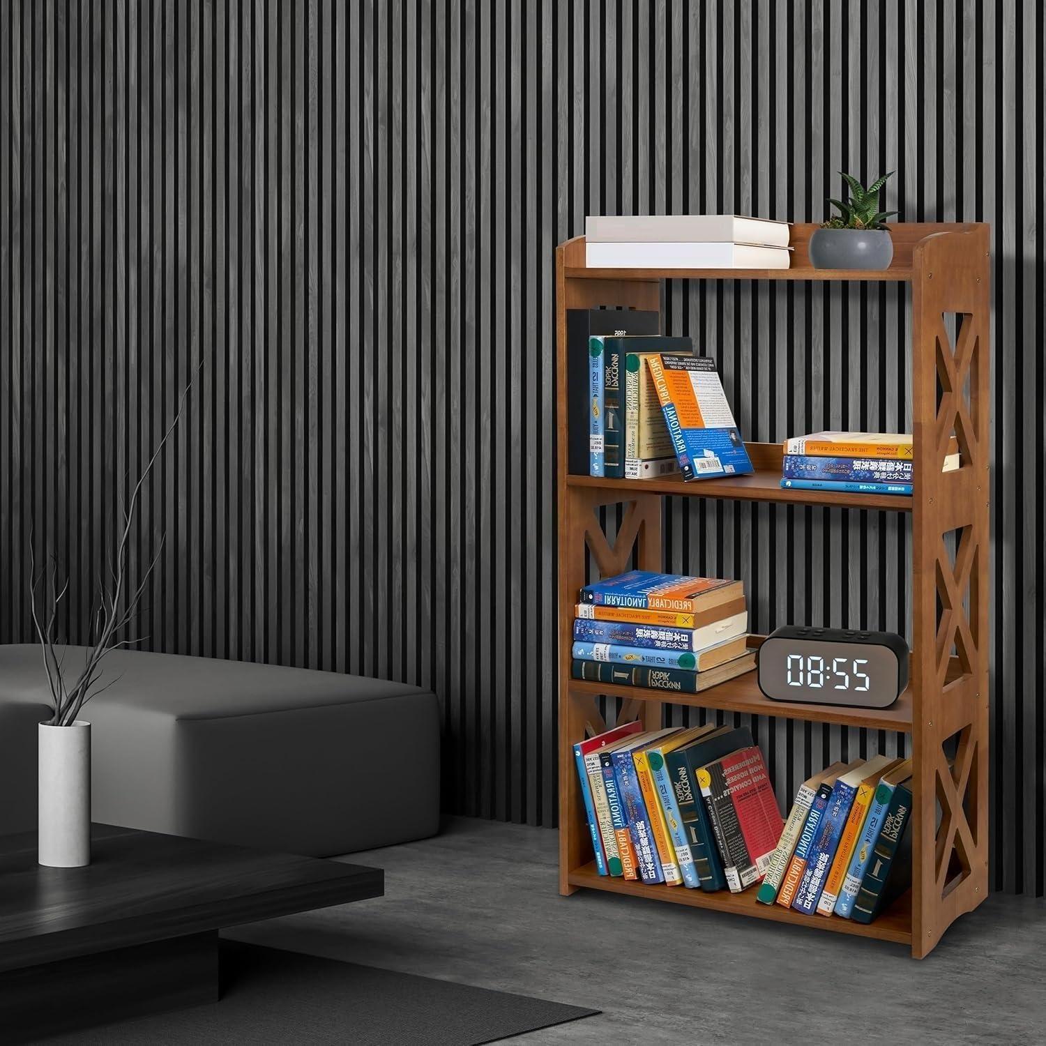 YCICI Open Book Shelf, 4 Tier Bookcase, Small Bookshelf, Wooden Book Shelf Kitchen Shelf, Freestanding Display Storage Shelves for Bedroom, Living Room and Office (Brown) - Image 7