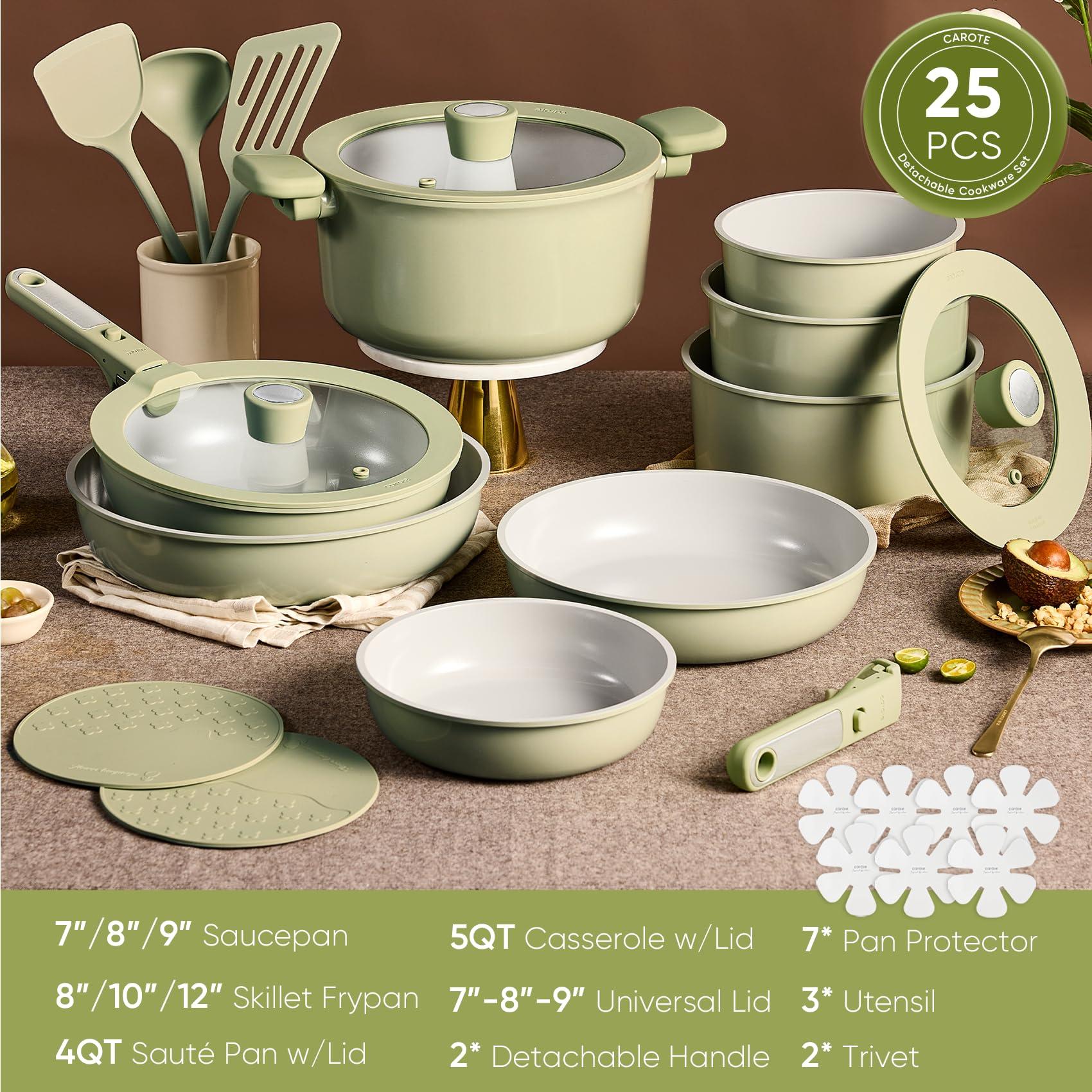 CAROTE 25pcs Ceramic Cookware Set Nonstick, Pots and Pans Set Non stick, Non Toxic Cookware, Dishwasher/Oven Safe, RV/Camping Cookware Set, Pan and Pot with Kitchen Utensils, Green - Image 3