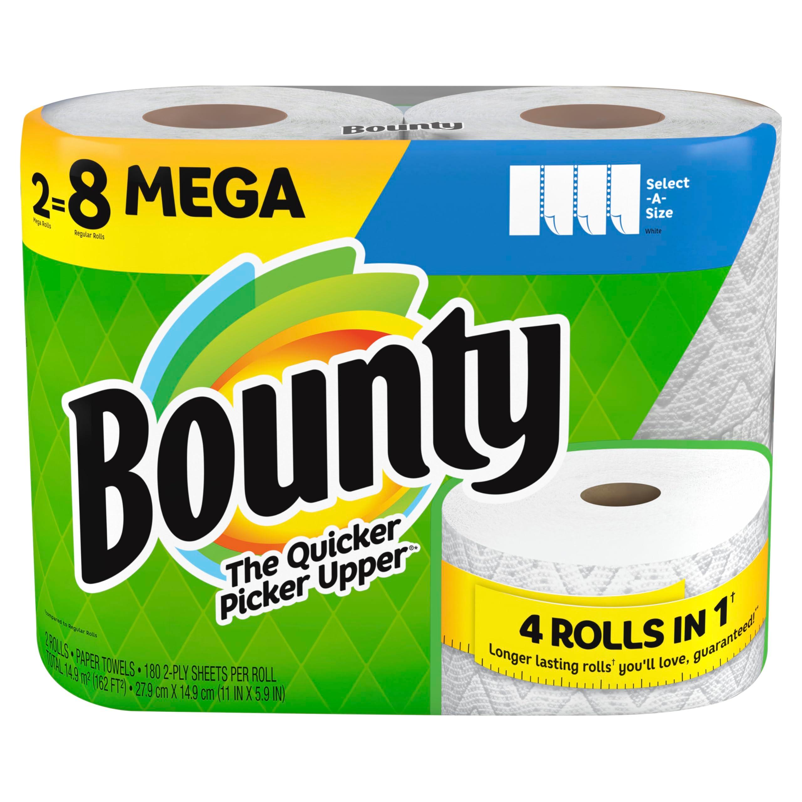Bounty Select-A-Size Paper Towels, 2 Mega Rolls, White, 180 Sheets Per Roll