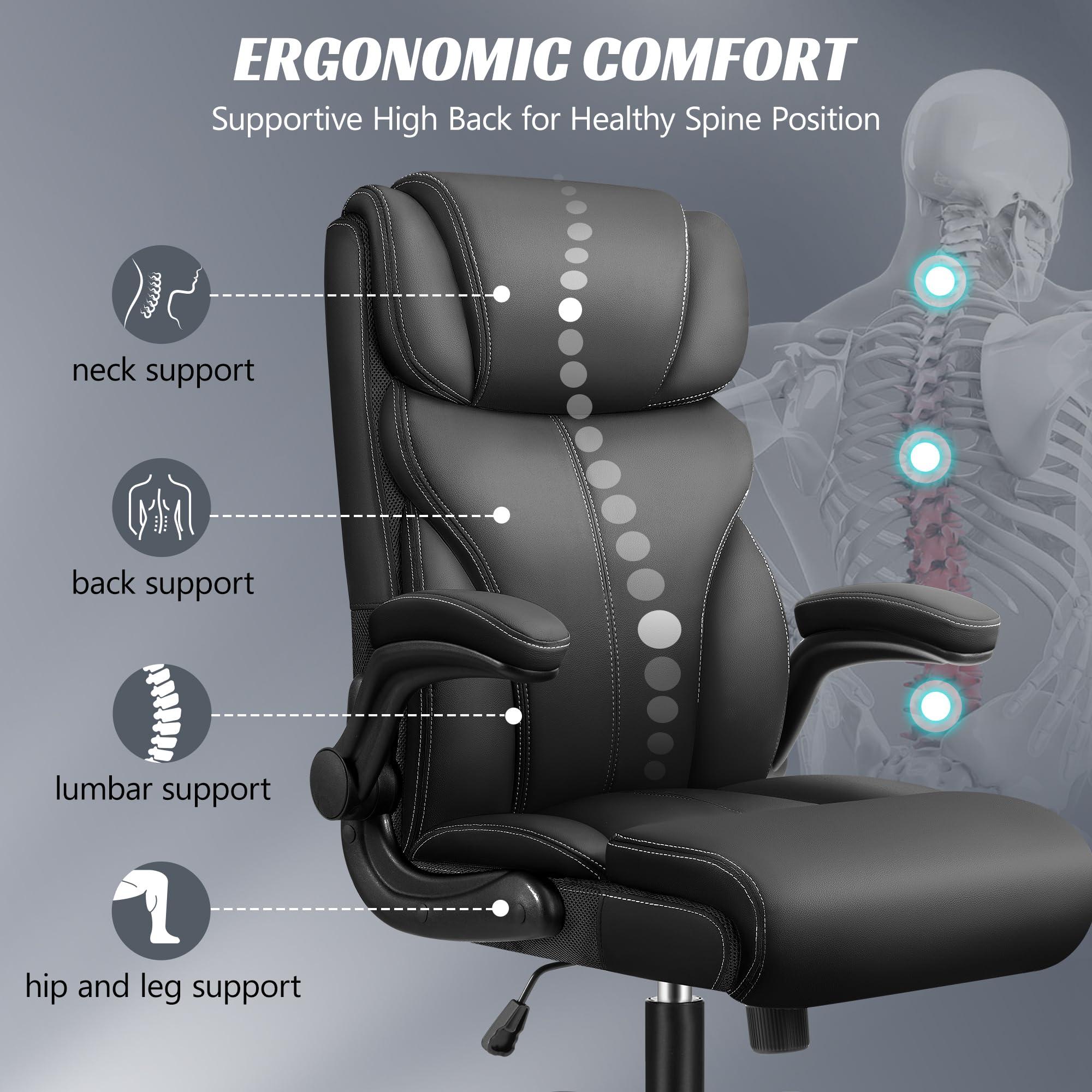 HeroSet Office Chair, Ergonomic Big and Tall Computer Desk Chairs, Executive Breathable Leather Chair with Adjustable High Back Flip-up Armrests, Lumbar Support Swivel PC Chair with Rocking Function - Image 5