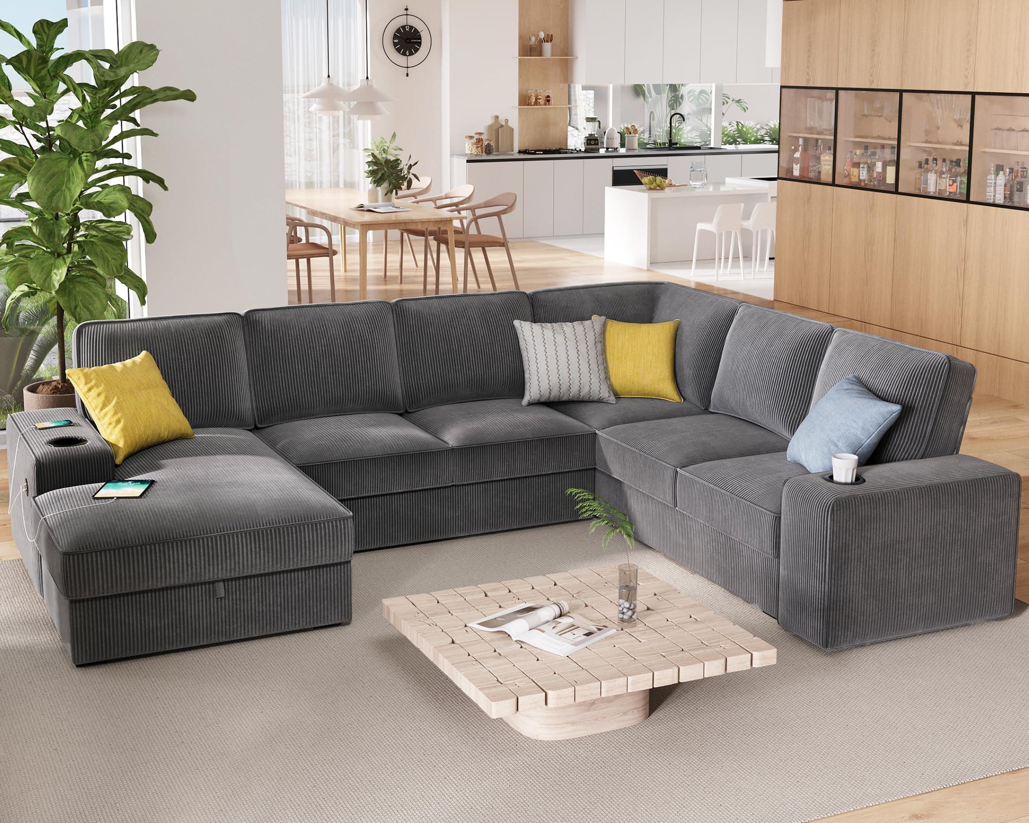 PaPaJet U Shaped Couch, 112 Inch Oversized Couch with Storage Chaise, Sectional Sofa with Cup Holders & 2 USB Ports, Corduroy Grey Sofa Couch - Image 7
