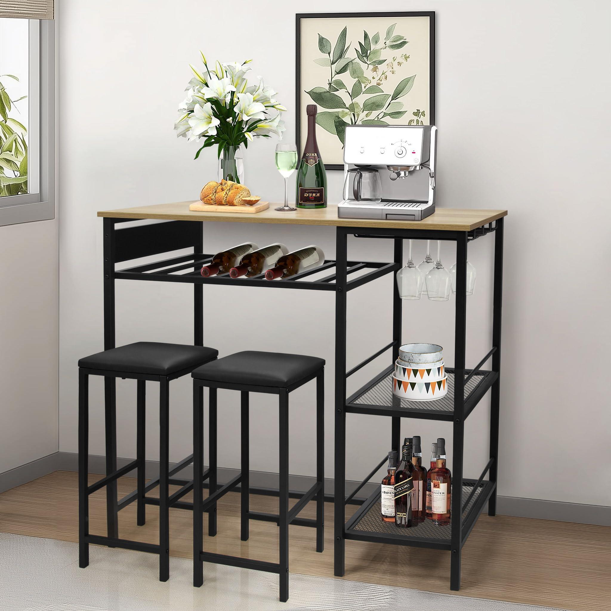 Ghouse Bar Table and Chairs Set of 2 with Storage Rack 4 Rows of Wine Glass Hanging Holder Pub Table with 2-Tier Storage Shelves for Apartment Living Room Dining Room Natural Oak 36.7 Inches Height - Image 7