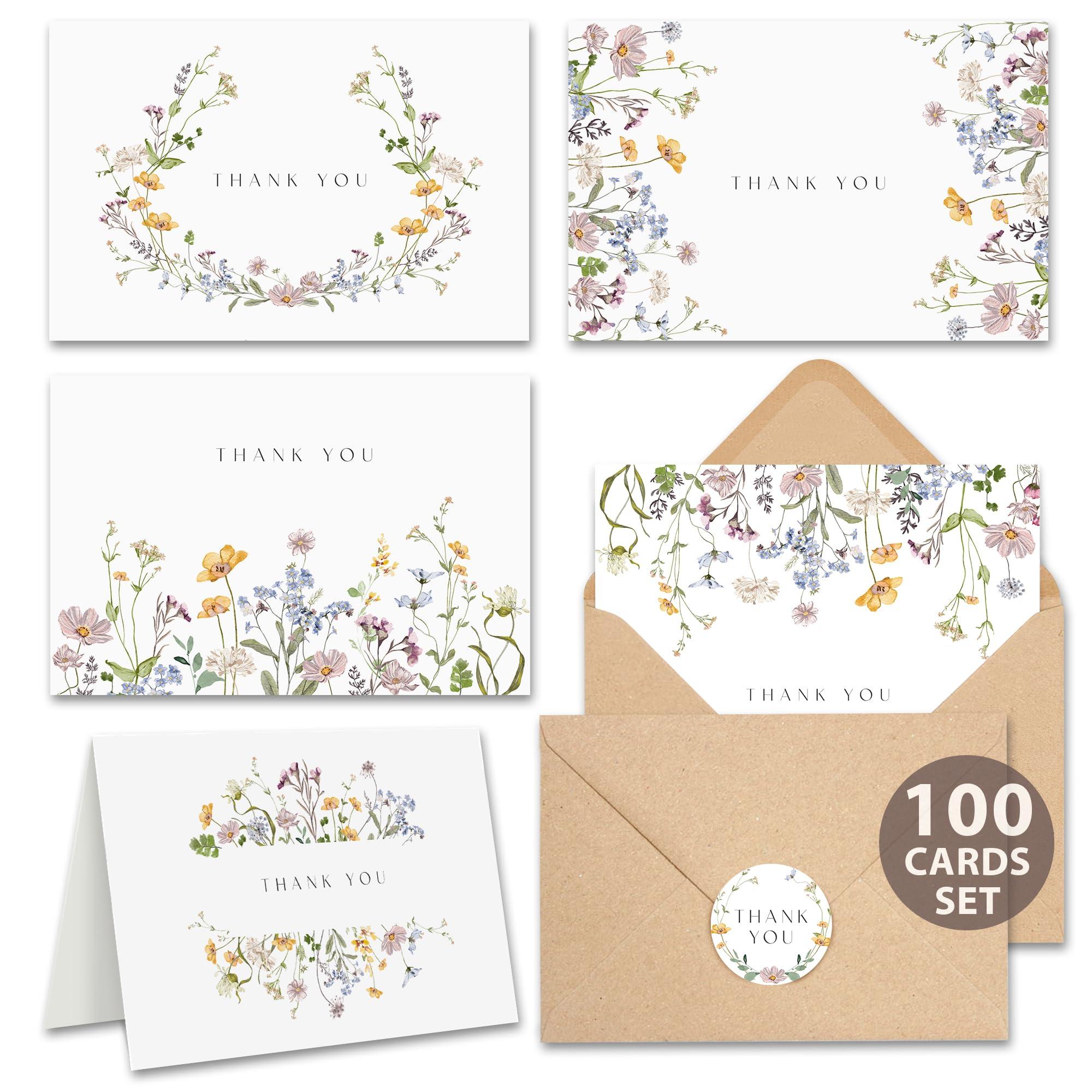 AUDREE Floral Thank You Cards with Envelopes (bulk 100-4x6) - Wildflower Thank You Cards with Envelope and Stickers - Greeting Notes with Envelopes Set for Wedding, Bridal Showers, Baby Showers