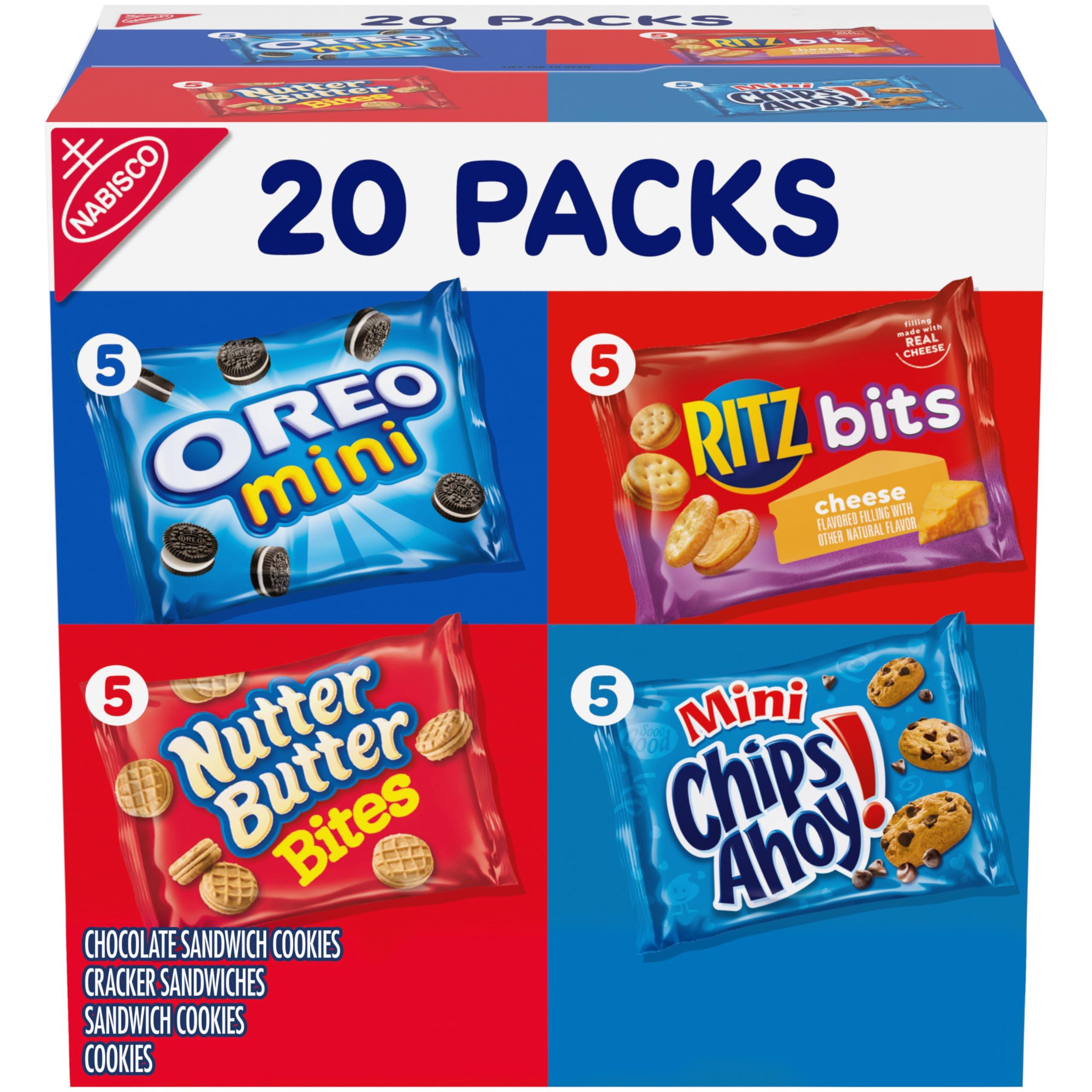Nabisco Variety Pack OREO Mini, CHIPS AHOY! Mini, Nutter Butter Bites, RITZ Bits Cheese, 20 - 1 oz Snack Packs (Packaging May Vary)